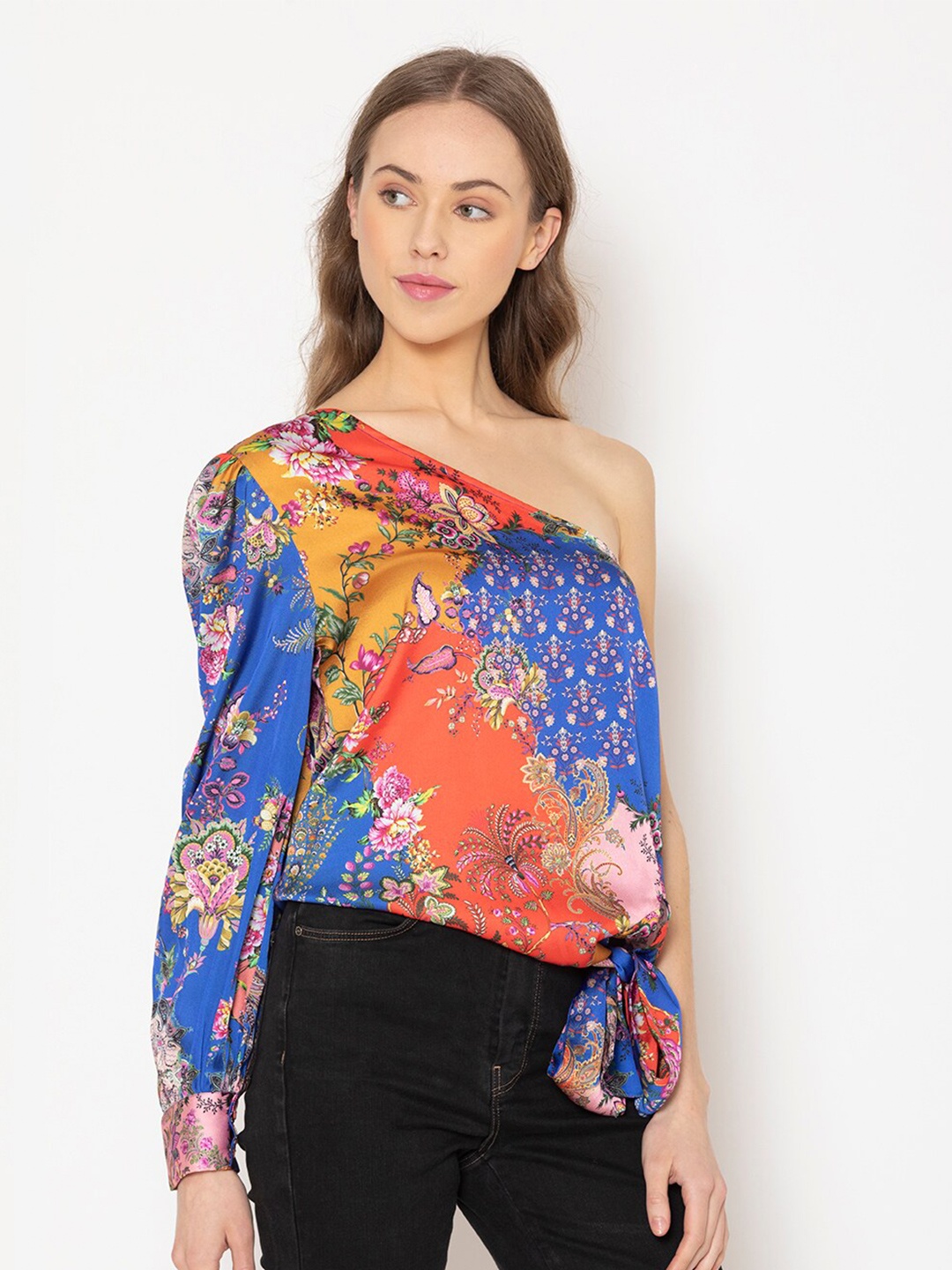 SHAYE Blue Floral Print One Shoulder Top