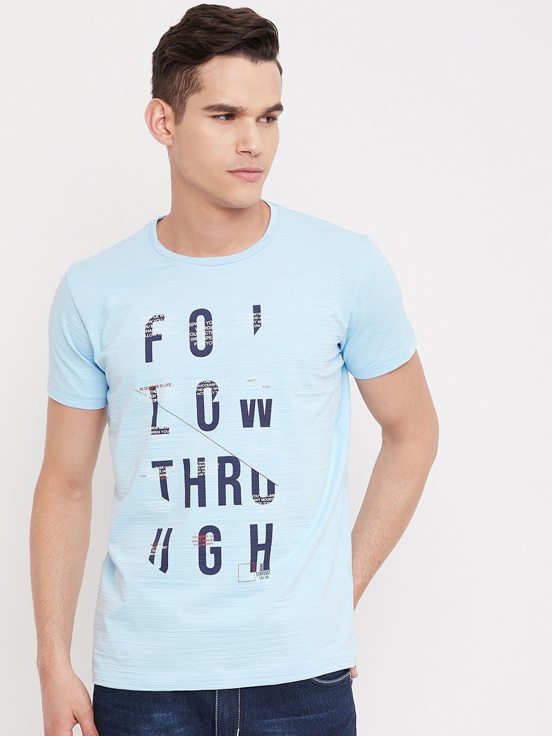 Duke Men Blue Typography Printed Slim Fit Cotton T-shirt