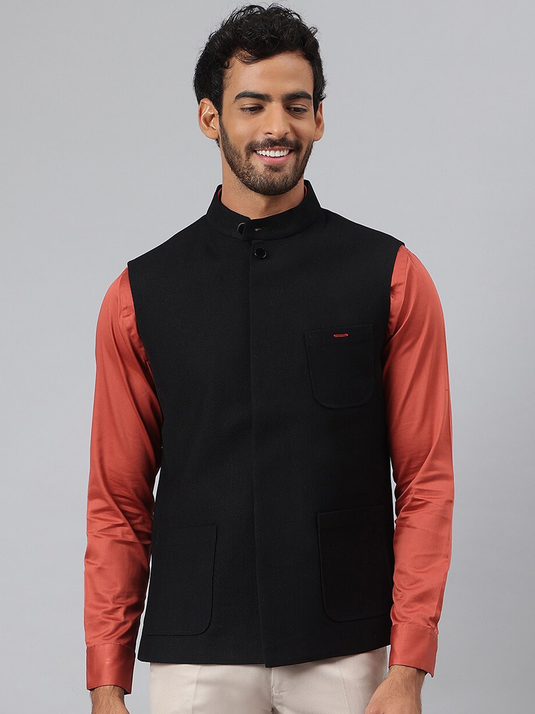 MR BUTTON Men Black Solid Nehru Jacket
