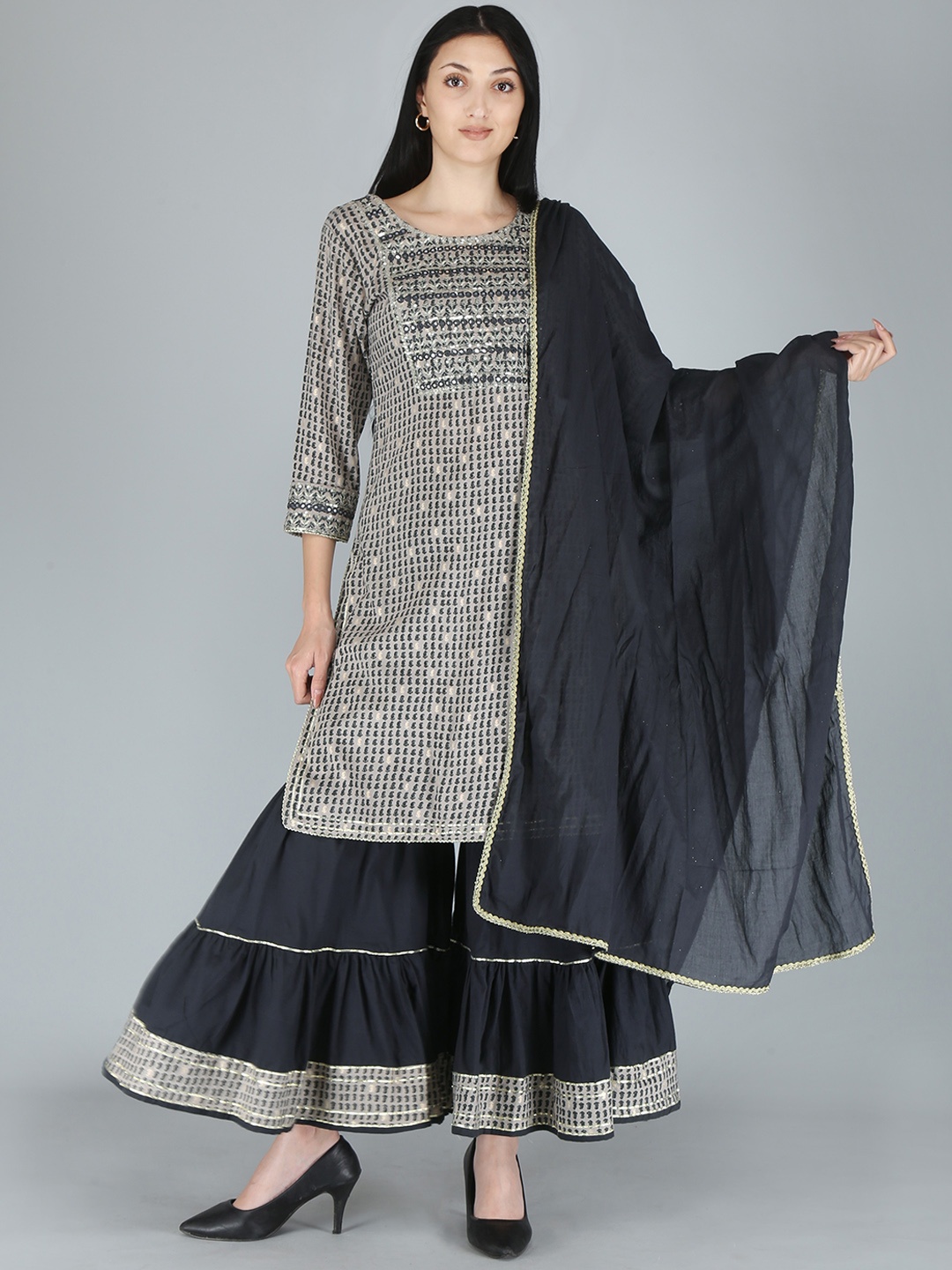 KALINI Women Black Ethnic Motifs Printed Mirror Work Kurta with Sharara & With Dupatta
KALINI Women Black Ethnic Motifs Printed Mirror Work Kurta with Sharara & With Dupatta