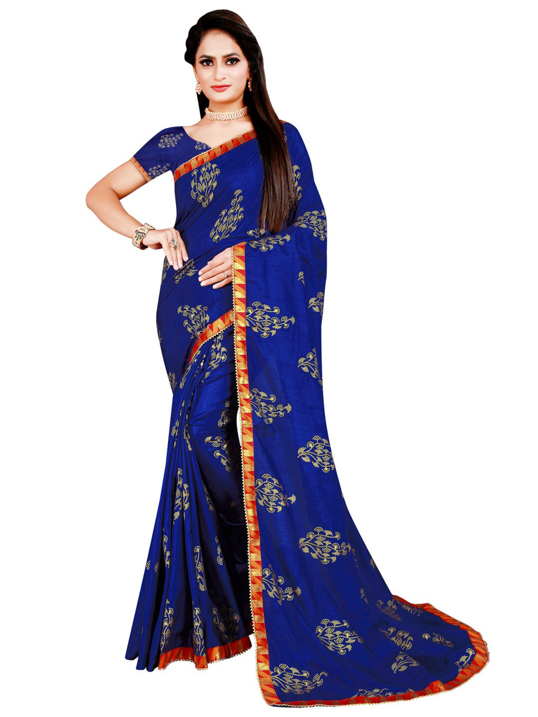 KALINI Blue & Gold-Toned Floral Foil Print Silk Blend Saree 
KALINI Blue & Gold-Toned Floral Foil Print Silk Blend Saree