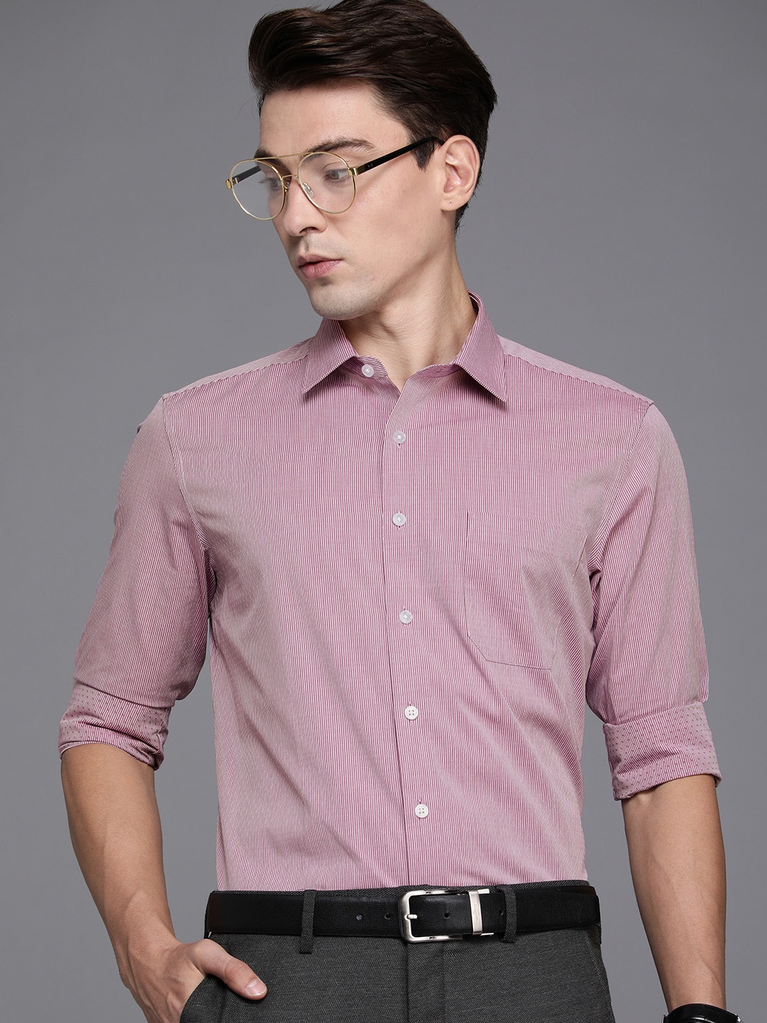 Louis Philippe Men Red Slim Fit Striped Pure Cotton Formal Shirt