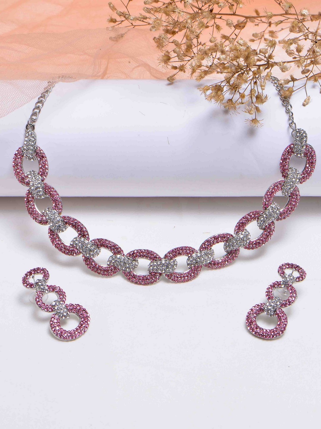 POPLINS Silver-Toned & Pink Stones-Studded Jewellery Set