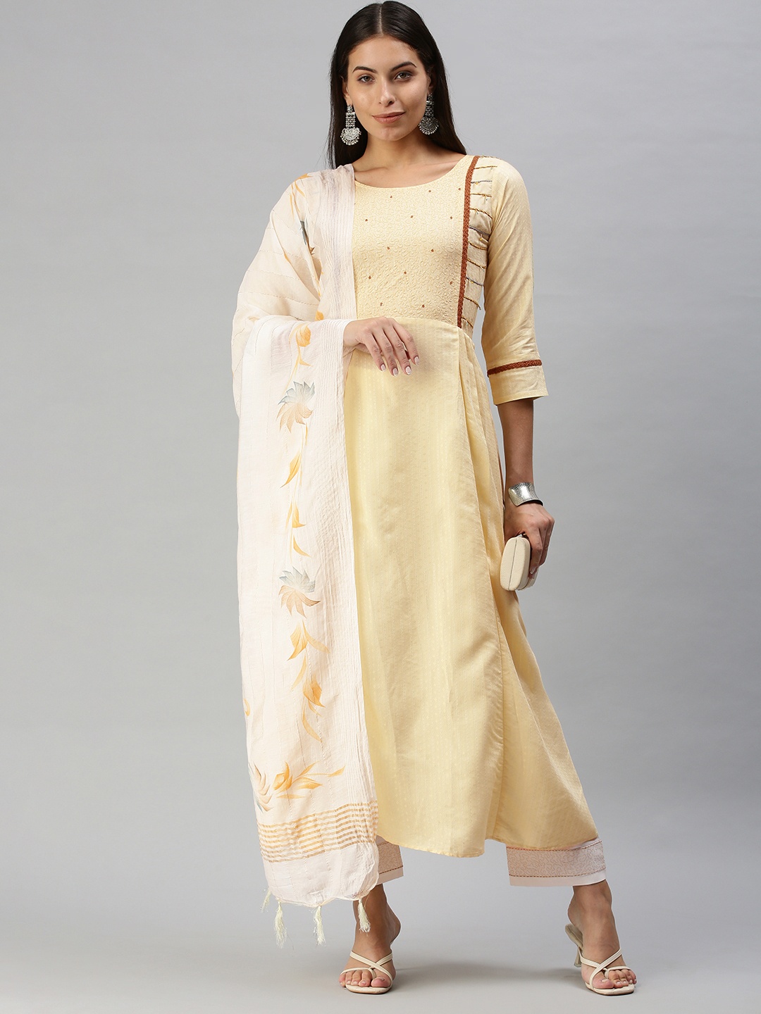 SheWill Women Cream-Coloured Embroidered Pleated Sequinned Kurta with Trousers & With Dupatta
SheWill Women Cream-Coloured Embroidered Pleated Sequinned Kurta with Trousers & With Dupatta
