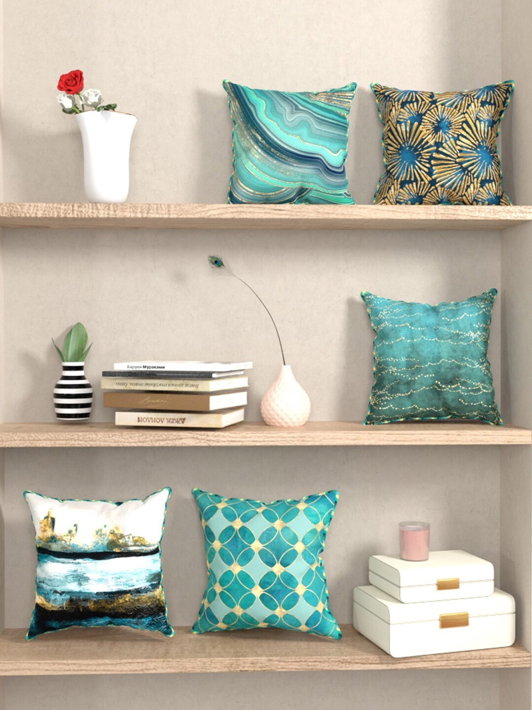BIANCA Teal & Gold-Toned Set of 5 Abstract Square Cushion Covers