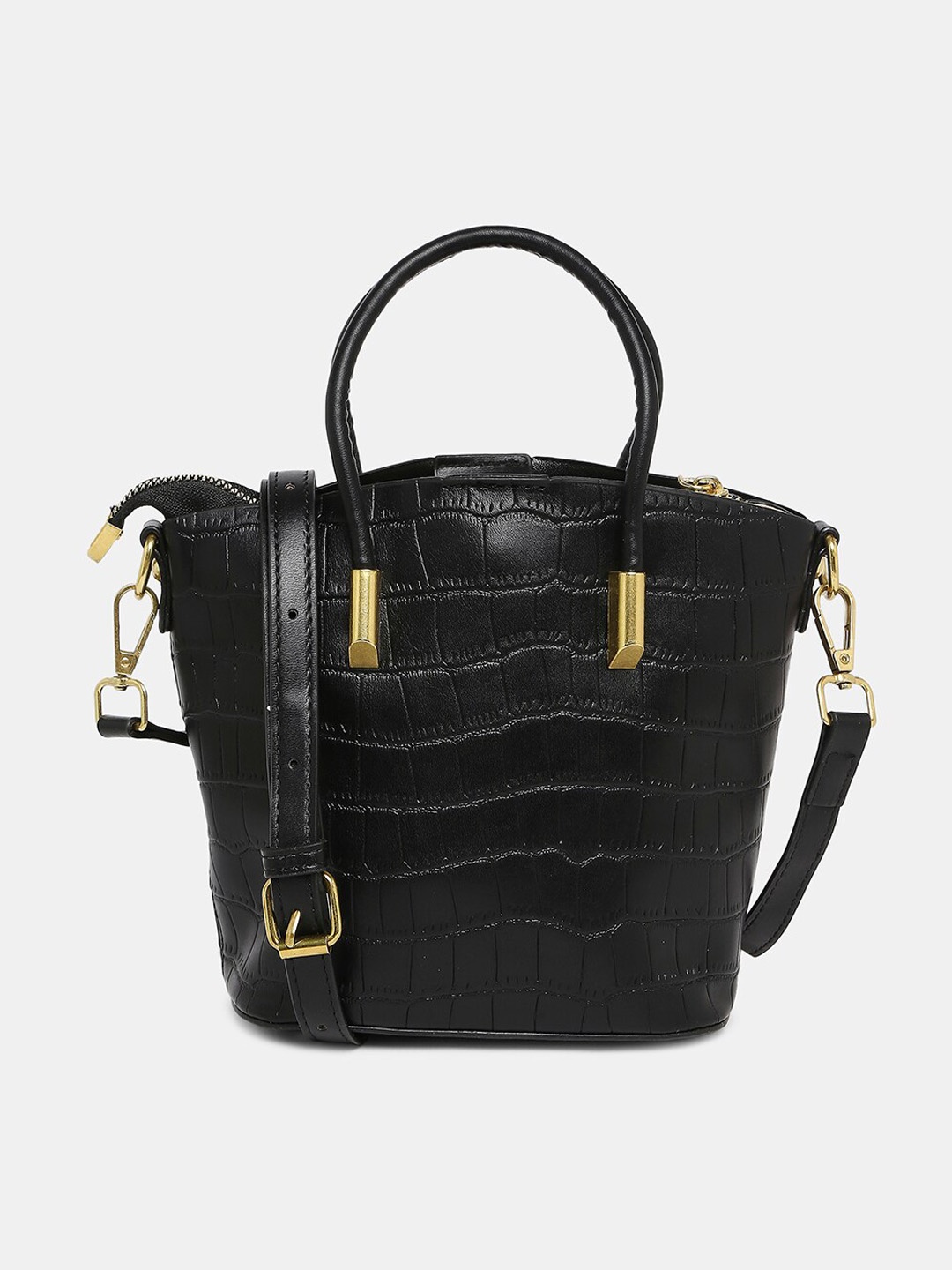 20Dresses Black PU Oversized Structured Shoulder Bag with Cut Work