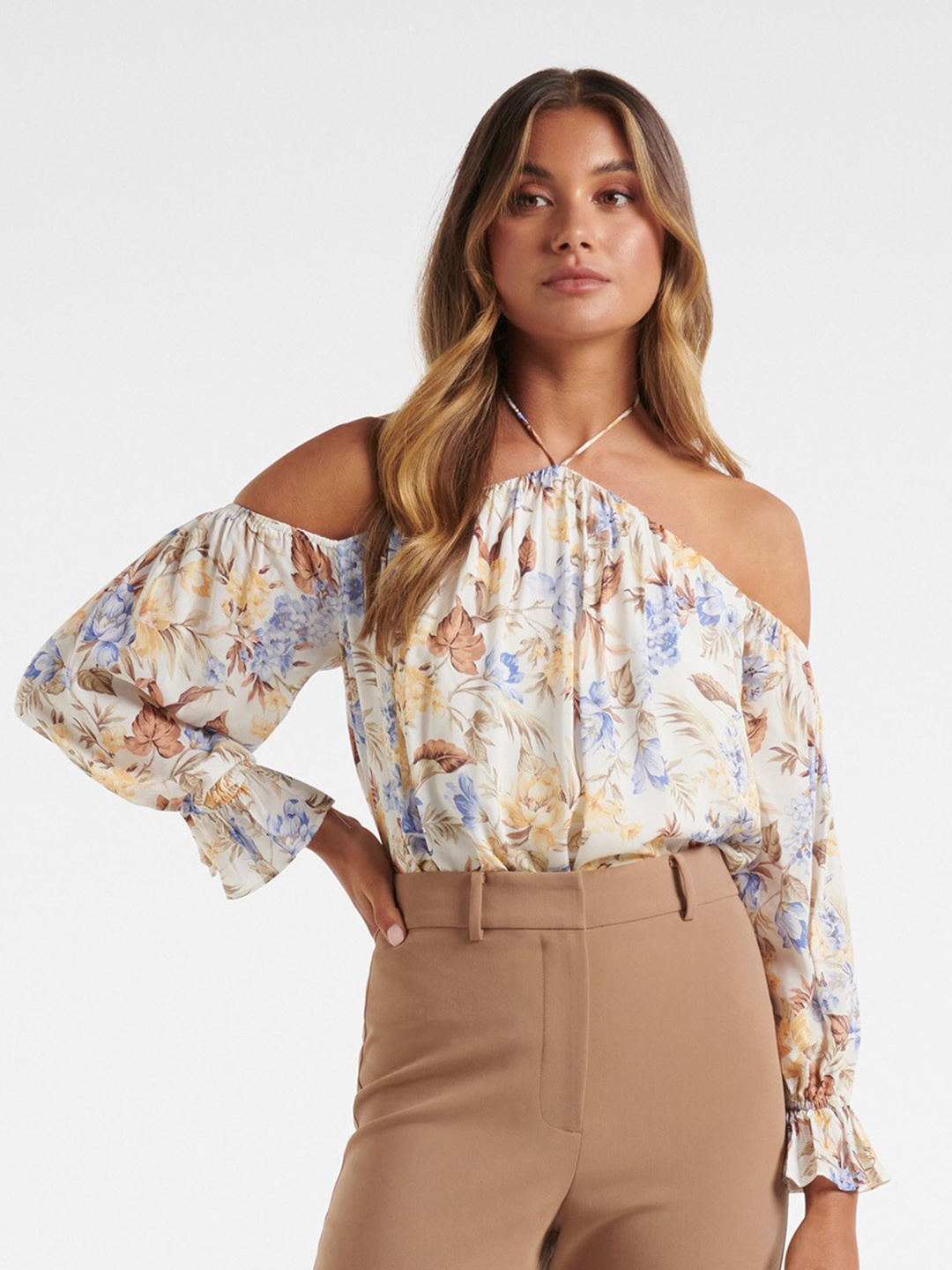 Forever New Multicoloured Floral Print Halter Neck Cold Shoulder Sleeves Bardot Top, Multi