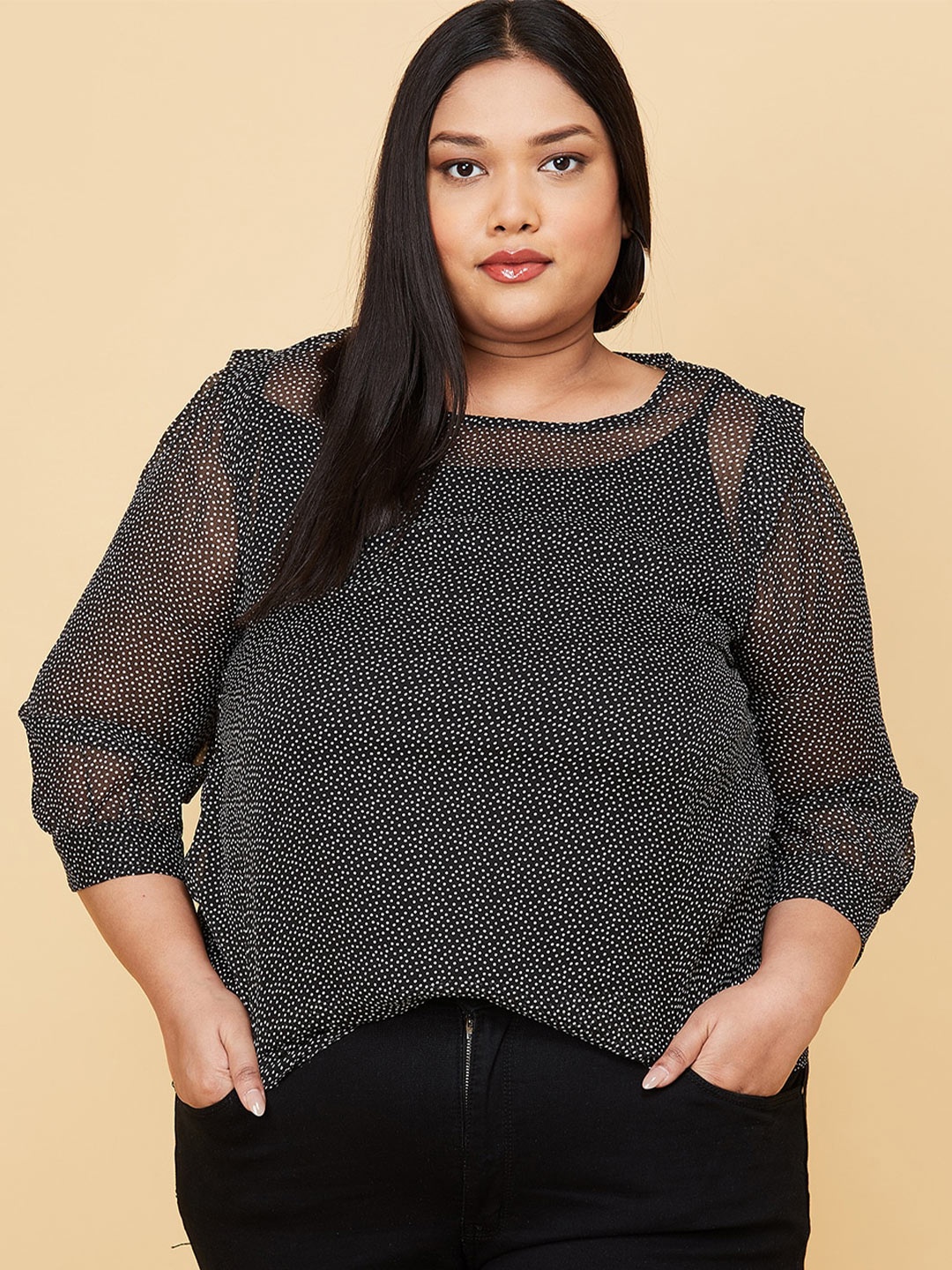 max Women Plus Size Black Printed Top