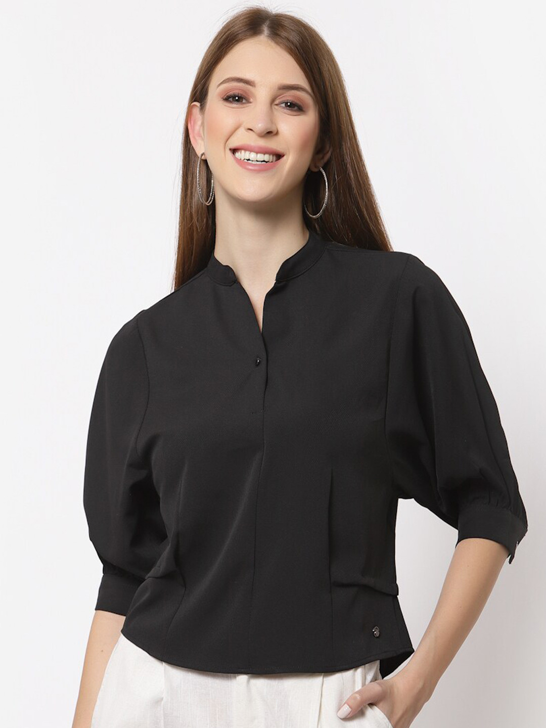 Juelle Black Mandarin Collar Shirt Style Top 
Juelle Black Mandarin Collar Shirt Style Top