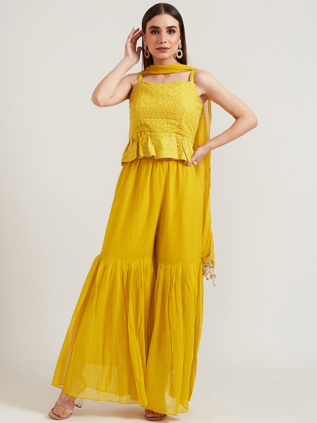 Neerus Women Mustard Yellow Ethnic Motifs Embroidered Top with Sharara & With Dupatta
Neerus Women Mustard Yellow Ethnic Motifs Embroidered Top with Sharara & With Dupatta