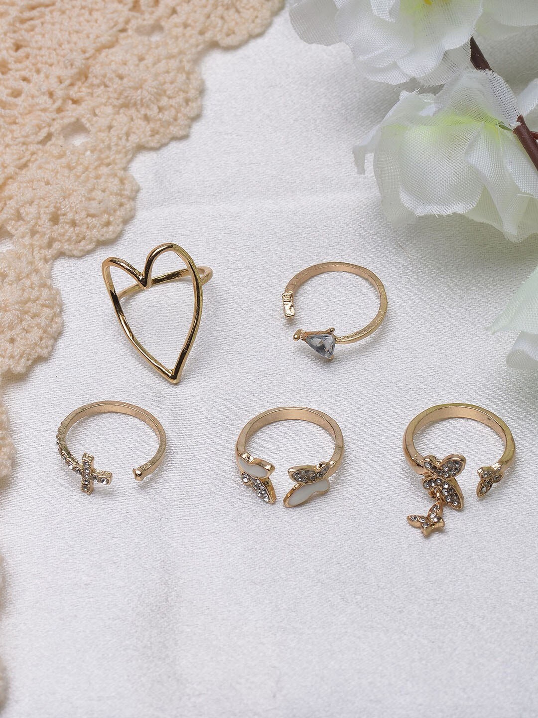 POPLINS Set Of 5 Gold-Plated White Stone Studded Finger Rings
