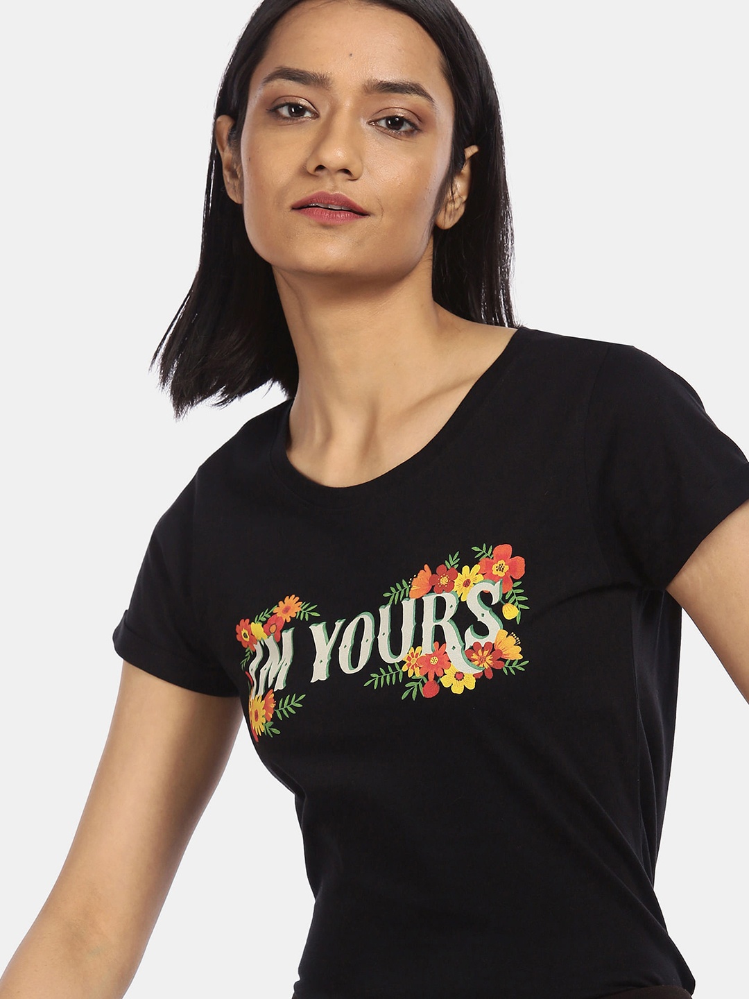 Sugr Women Black Typography Printed Applique T-shirt