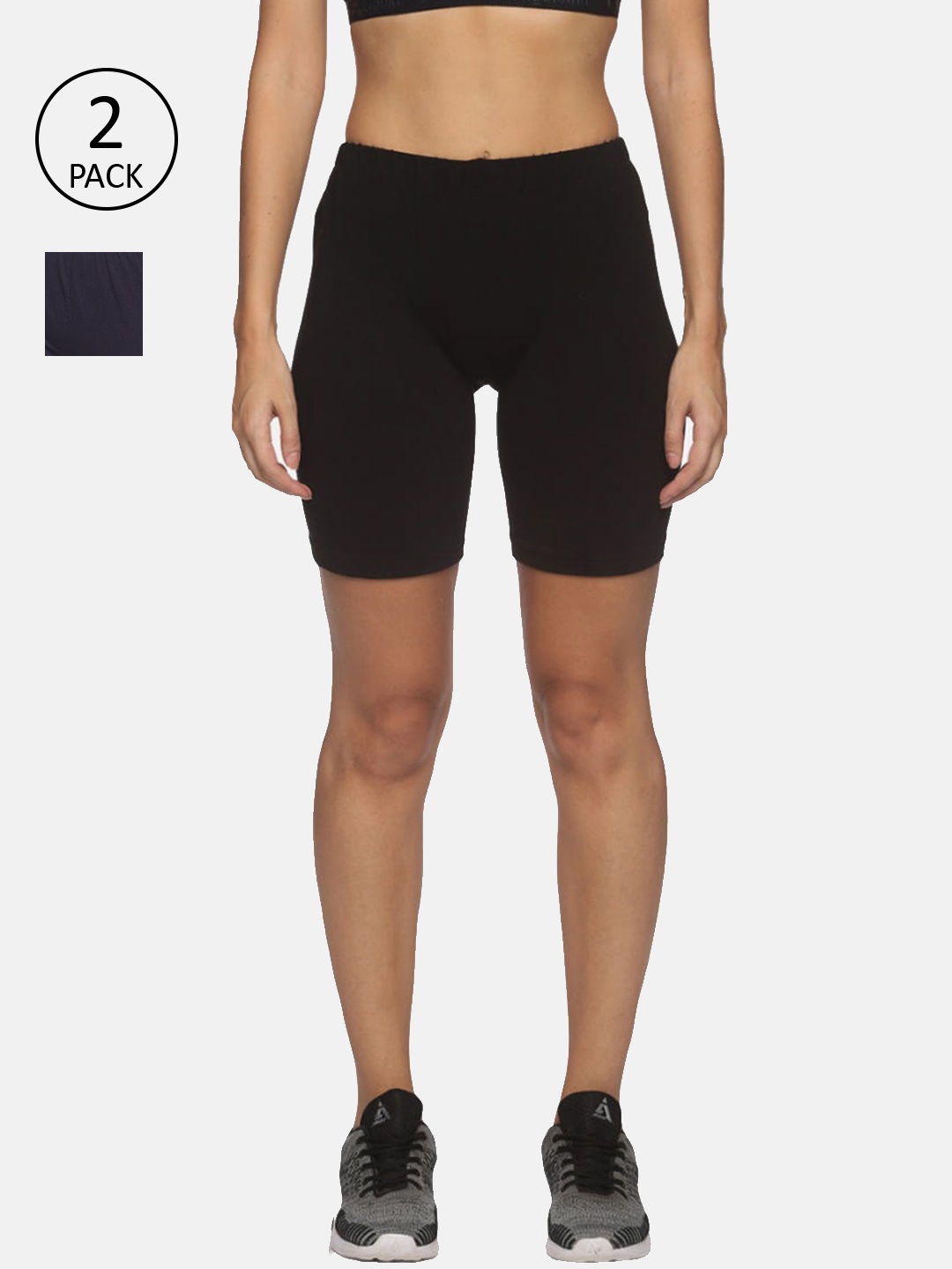 NOT YET by us Women Black & Navy Blue Set Of 2 Slim Fit Outdoor Sports Shorts