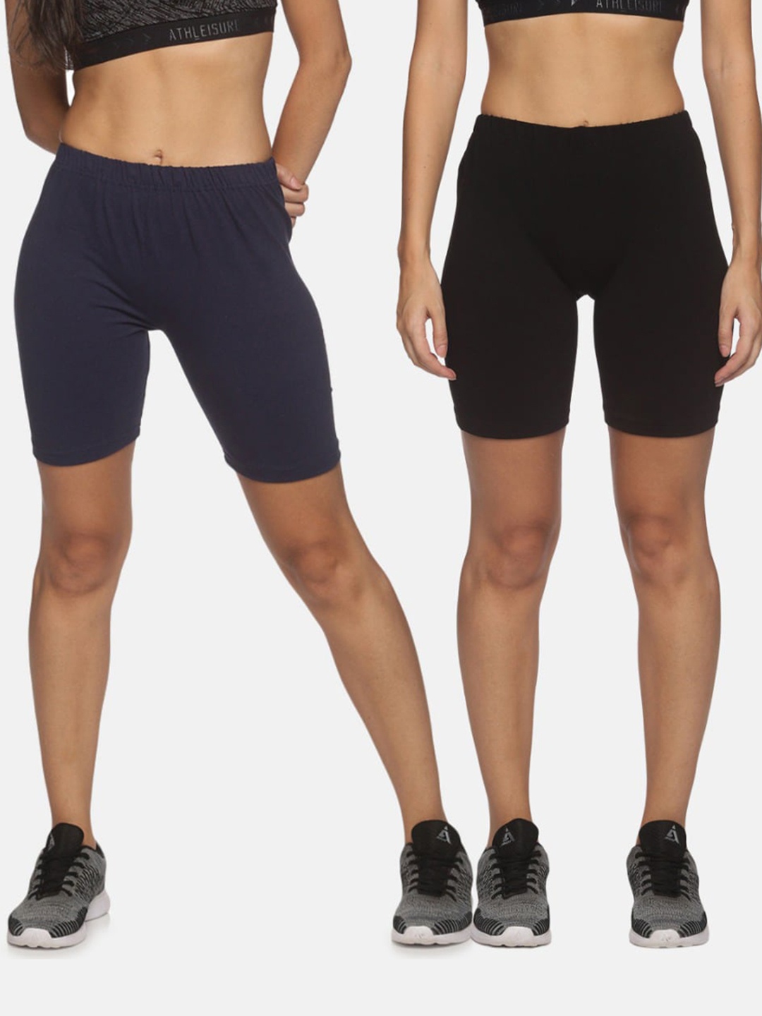 NOT YET by us Women Black & Navy Blue Set Of 2 Slim Fit Outdoor Sports Shorts