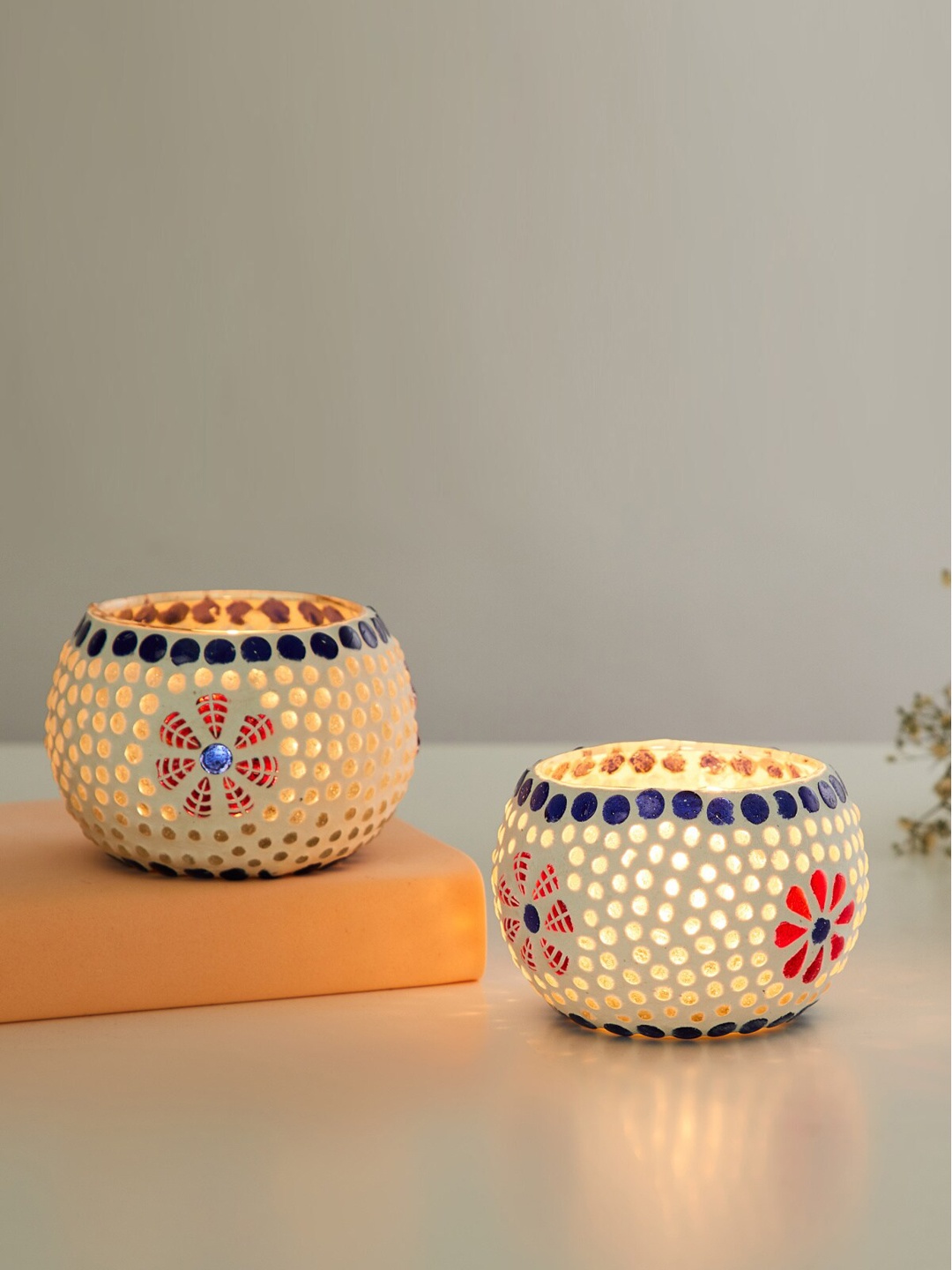 Home Centre Set Of 2 Printed Glass T-Light Holders, White