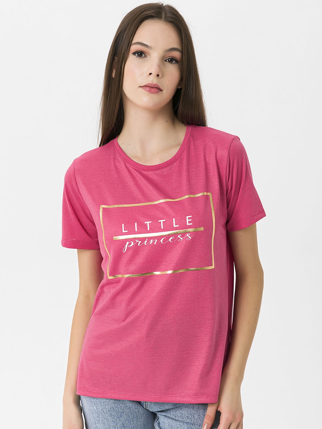 Miss Poem Women Pink & Golden Typography Printed T-shirt