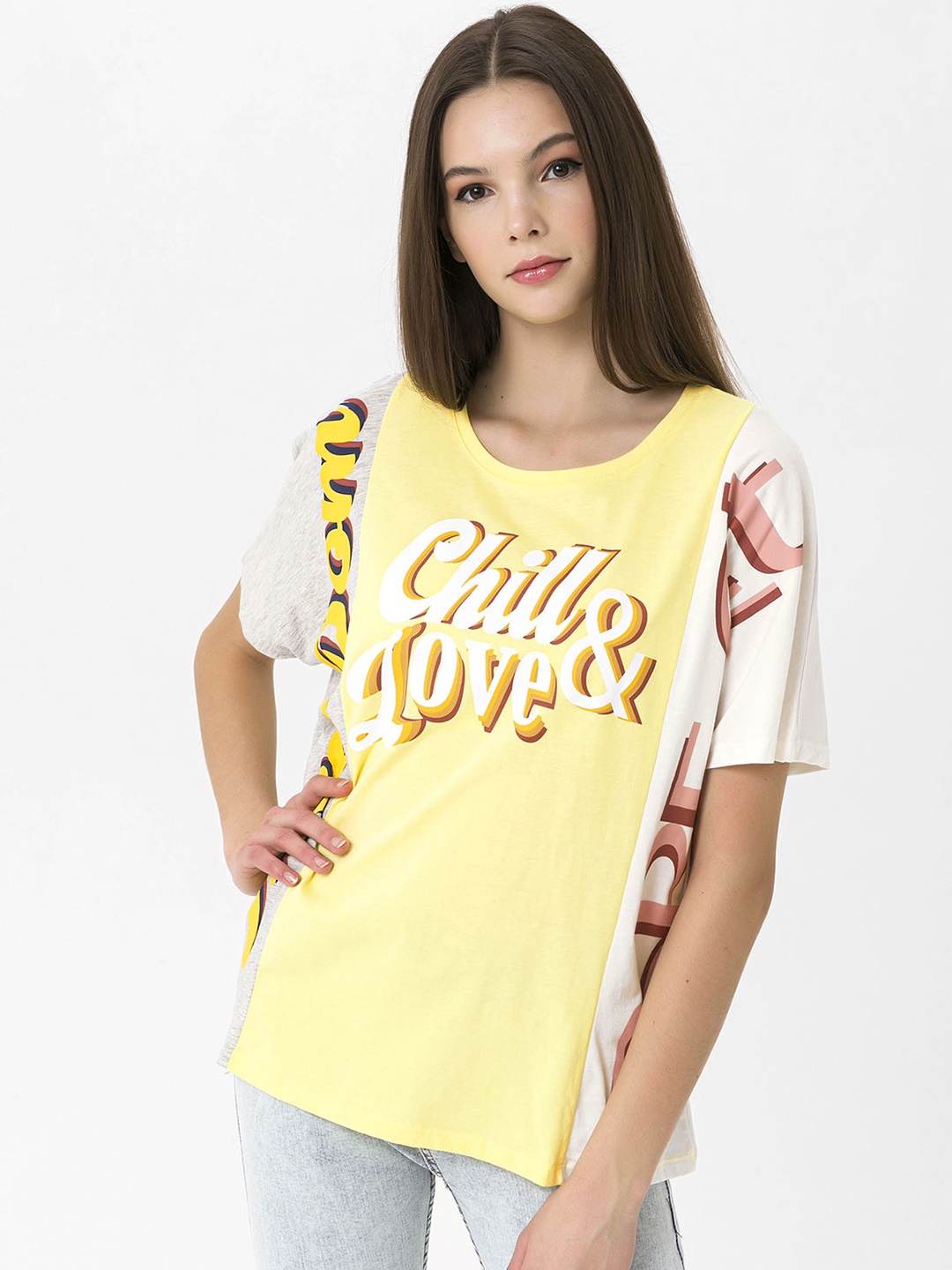 Miss Poem Women Yellow & White Typography Printed Extended Sleeves Pure Cotton T-shirt
Miss Poem Women Yellow & White Typography Printed Extended Sleeves Pure Cotton T-shirt