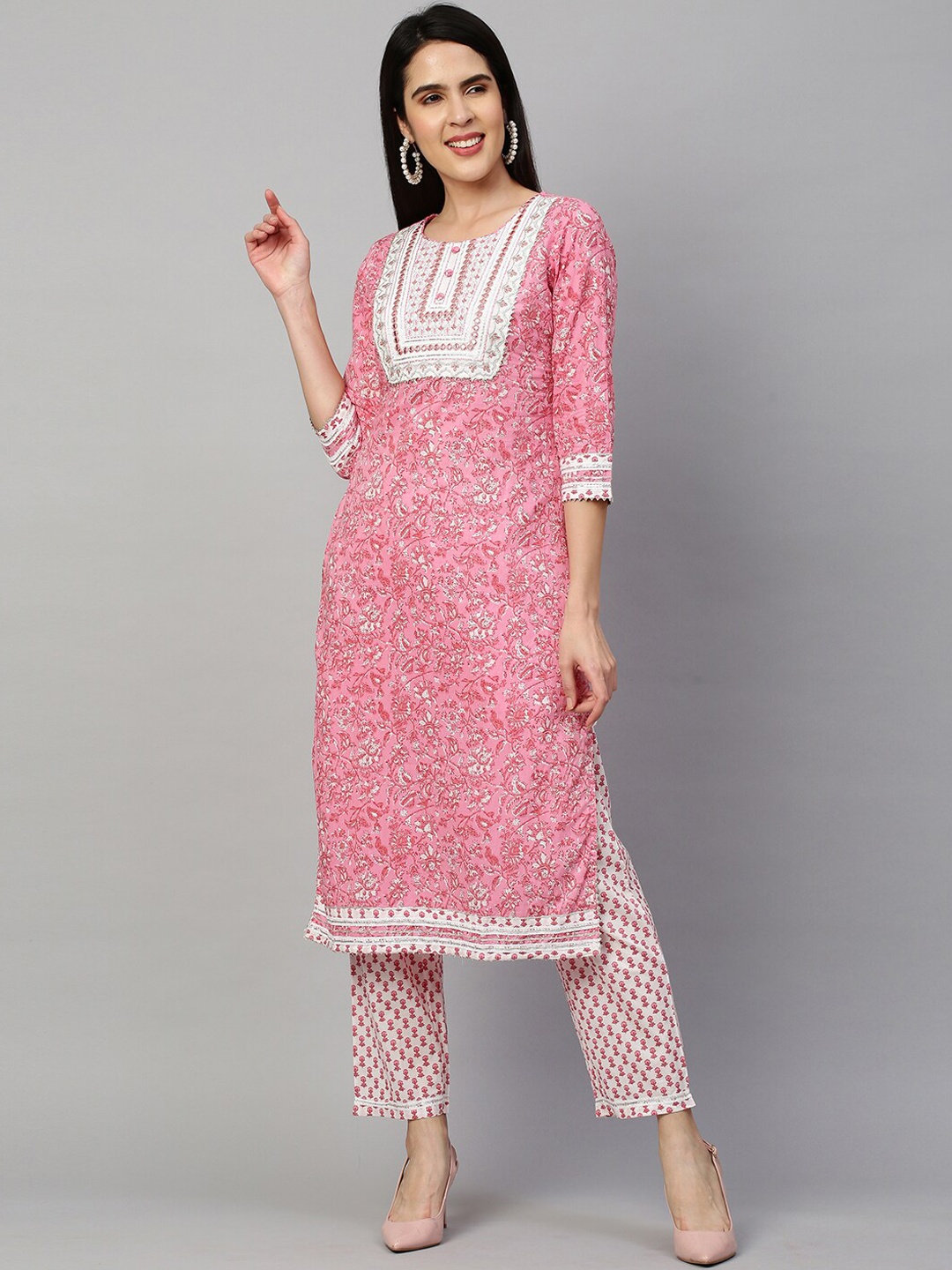 FASHOR Women Pink Floral Printed Thread Work Pure Cotton Kurta with Palazzos