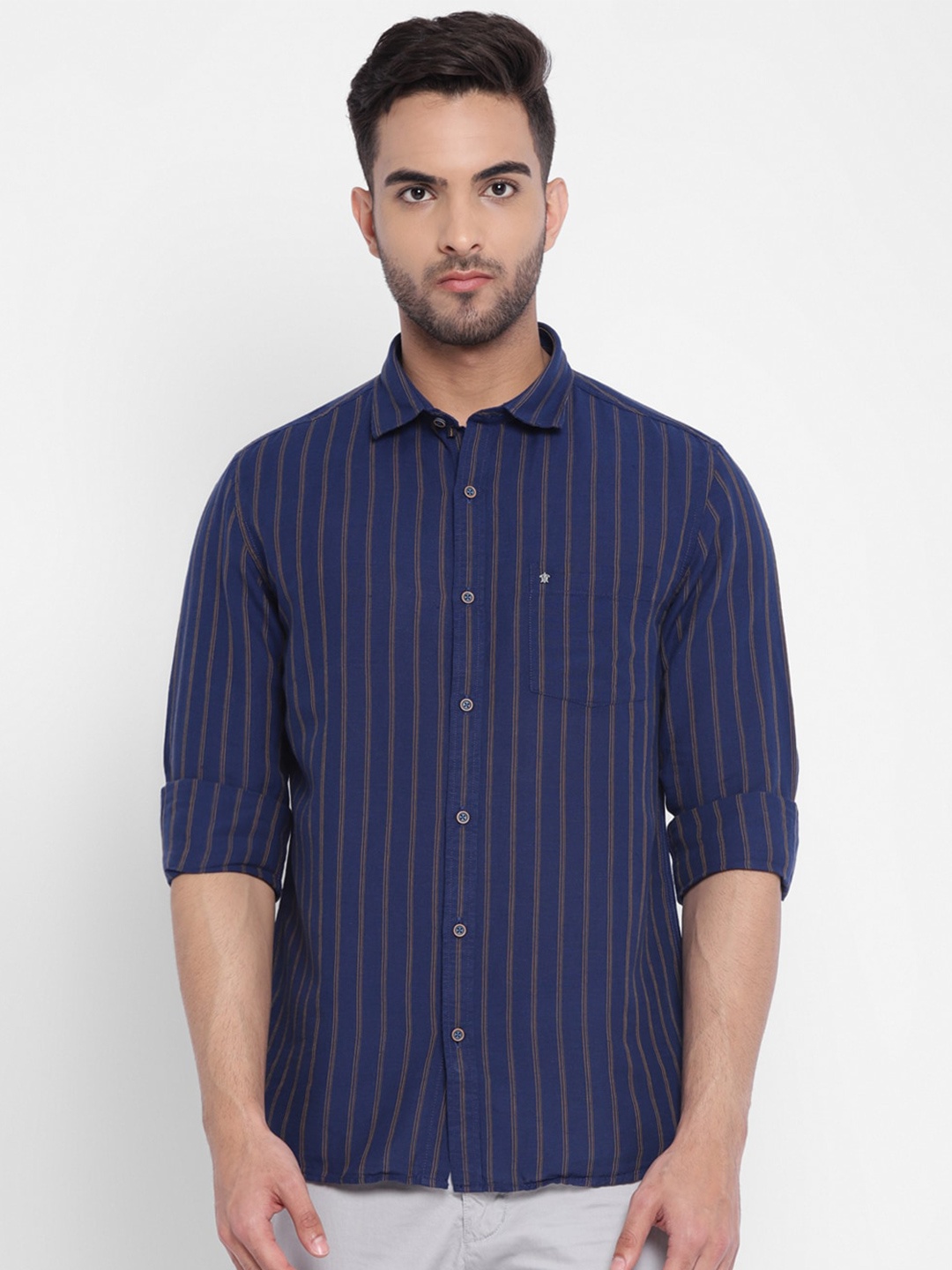 Turtle Men Navy Blue Slim Fit Striped Casual Shirt