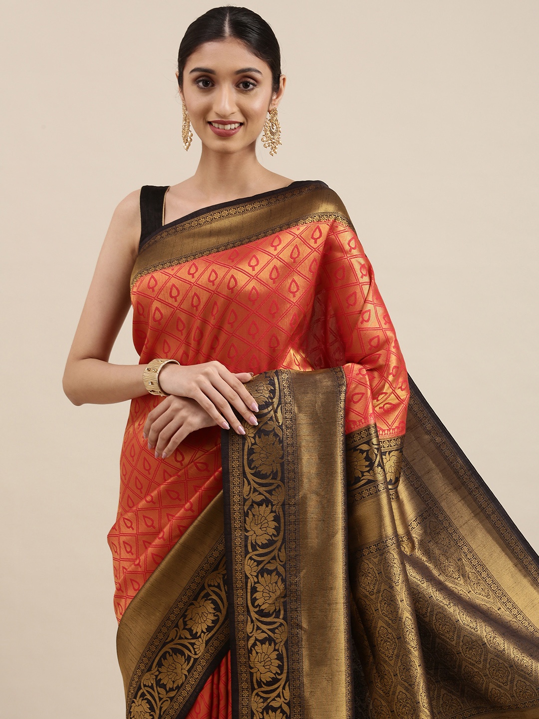 Mitera Red & Navy Blue Ethnic Motifs Zari Pure Silk Kanjeevaram Saree