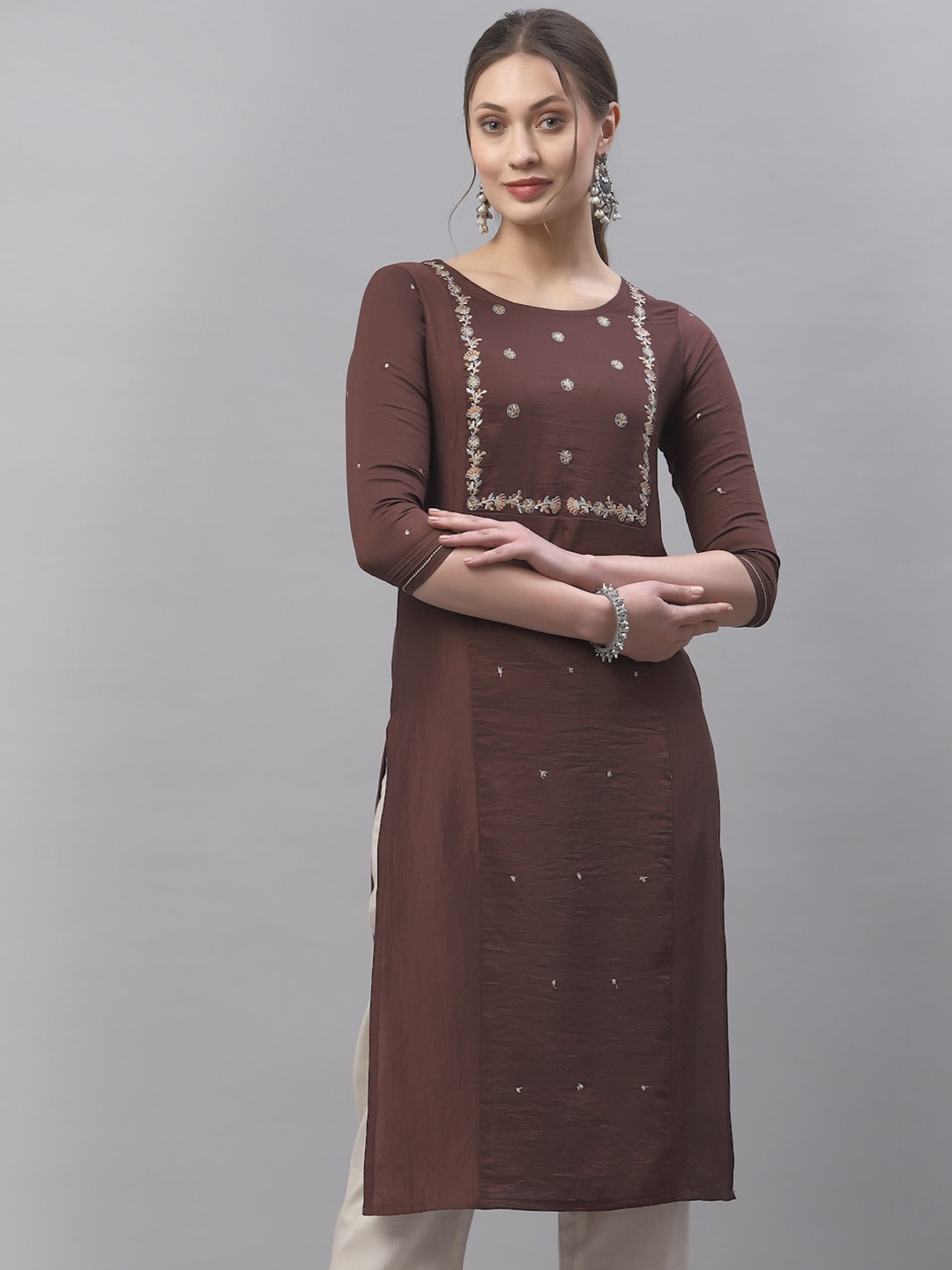 KALINI Women Brown Ethnic Motifs Embroidered Thread Work Kurta