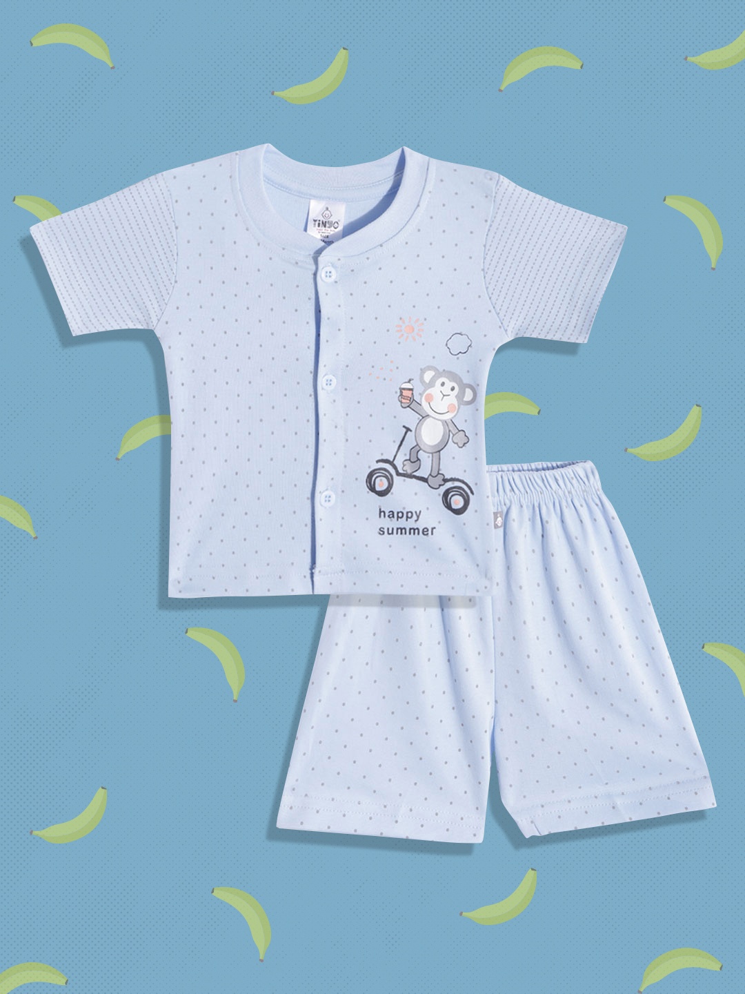 TINYO Infant Boys Blue & Grey Polka Dot & Graphic Print Cotton Clothing Set
