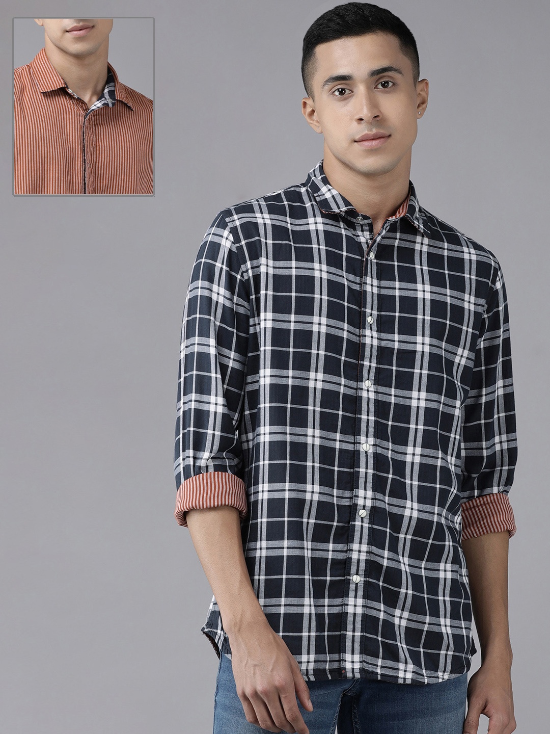 VAN HEUSEN DENIM LABS Men Navy Blue & White Reversible Checked Slim Fit Casual Shirt
VAN HEUSEN DENIM LABS Men Navy Blue & White Reversible Checked Slim Fit Casual Shirt