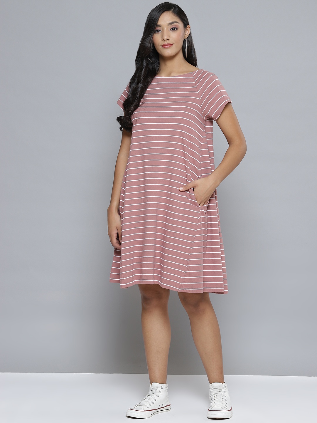 Femella Pink & White Striped A-Line Dress