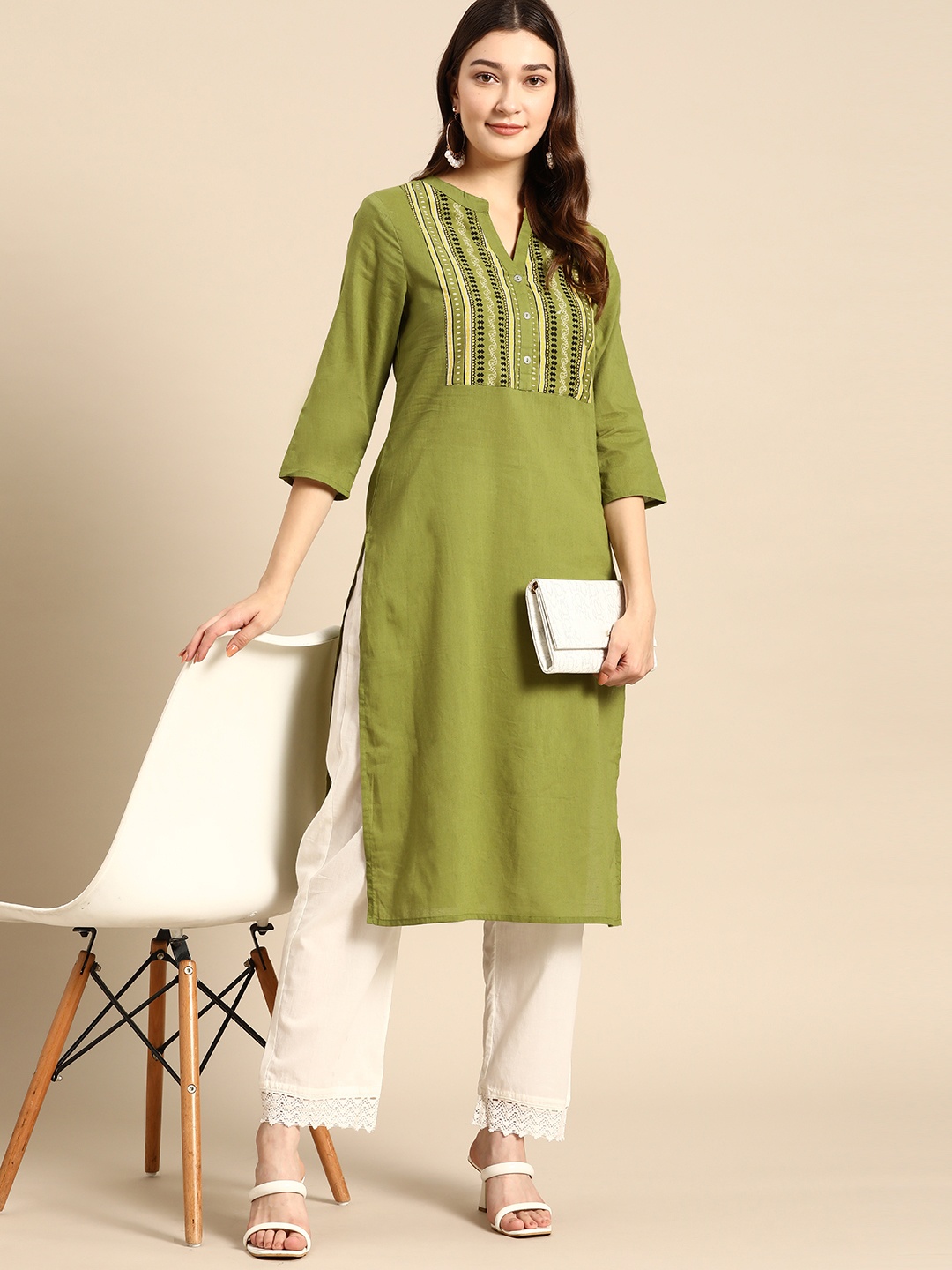 all about you Women Yoke Design Pure Cotton Kurta, Green