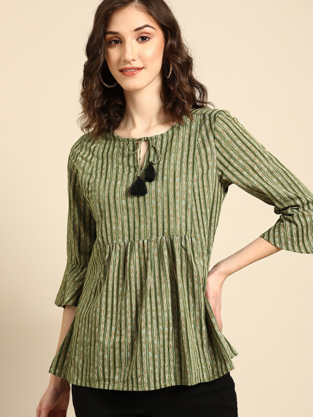all about you Olive Green & Black Stripe printed bell Sleeves Pure Cotton Short Kurti
all about you Olive Green & Black Stripe printed bell Sleeves Pure Cotton Short Kurti