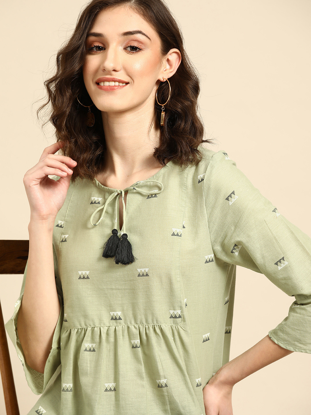 all about you Green & White Ethnic Motifs Printed Bell Sleeves Pure Cotton Short Kurti
all about you Green & White Ethnic Motifs Printed Bell Sleeves Pure Cotton Short Kurti