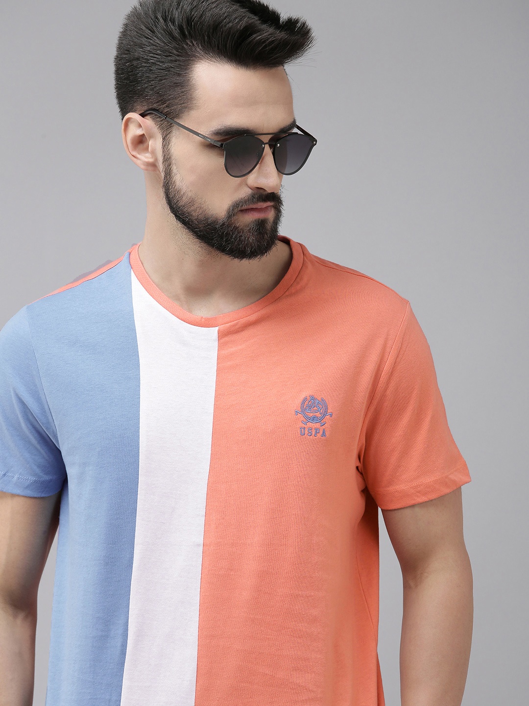 U.S. Polo Assn. Men Coral & Blue Colourblocked Pure Cotton T-shirt