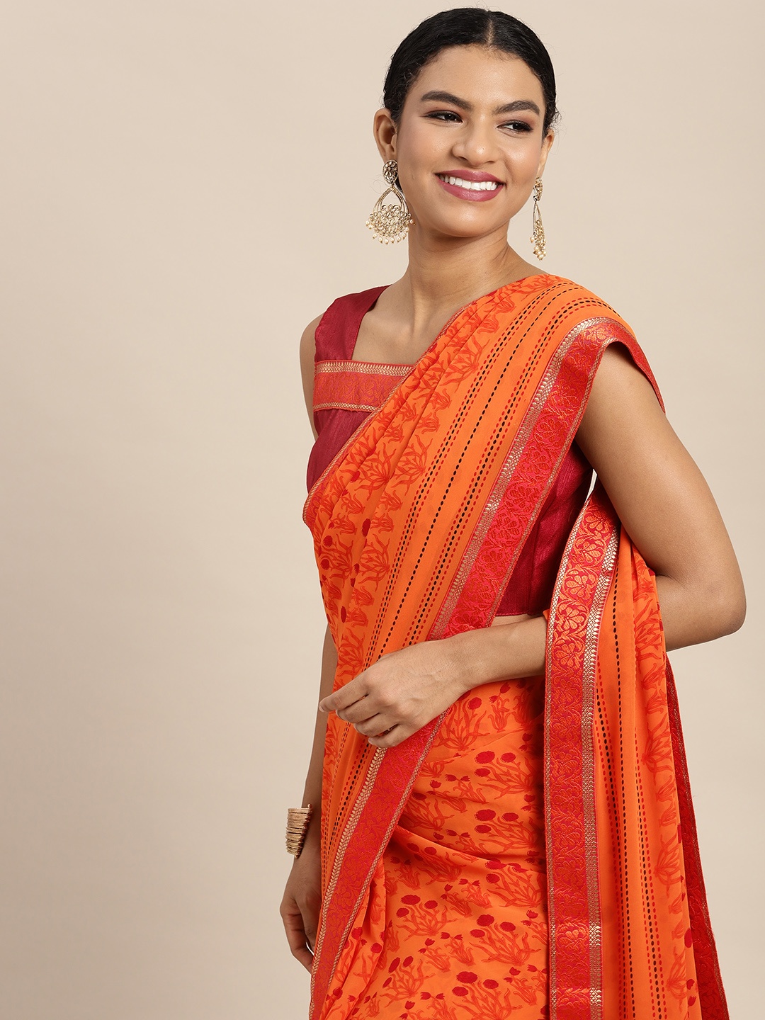 Satrani Orange & Red Floral Zari Pure Georgette Saree