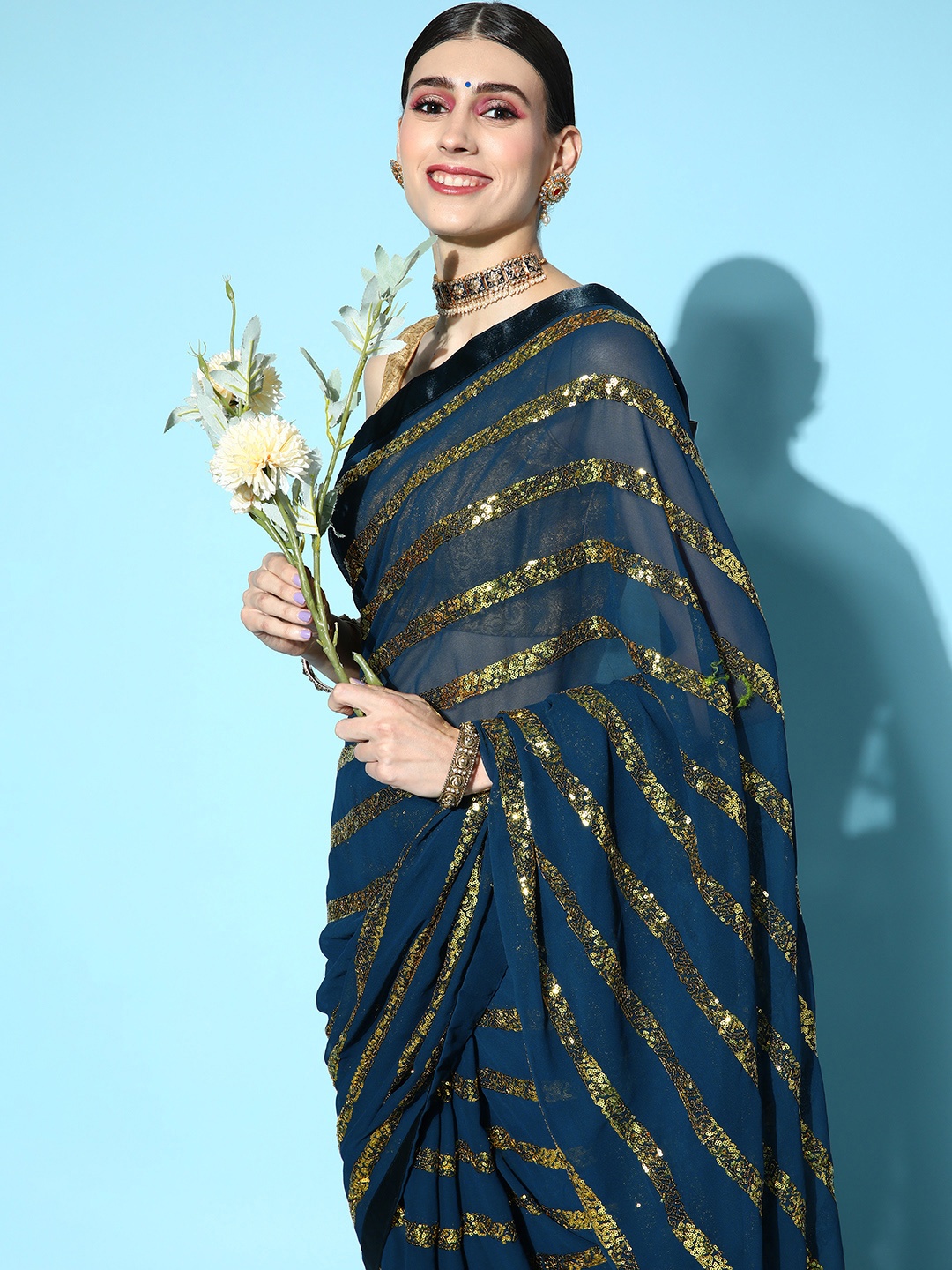Mitera Teal Green Striped Sequinned Saree