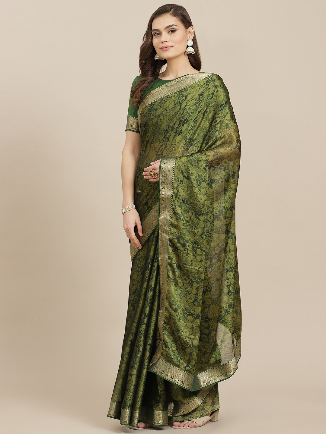 Mitera Olive Green Printed Poly Chiffon Saree