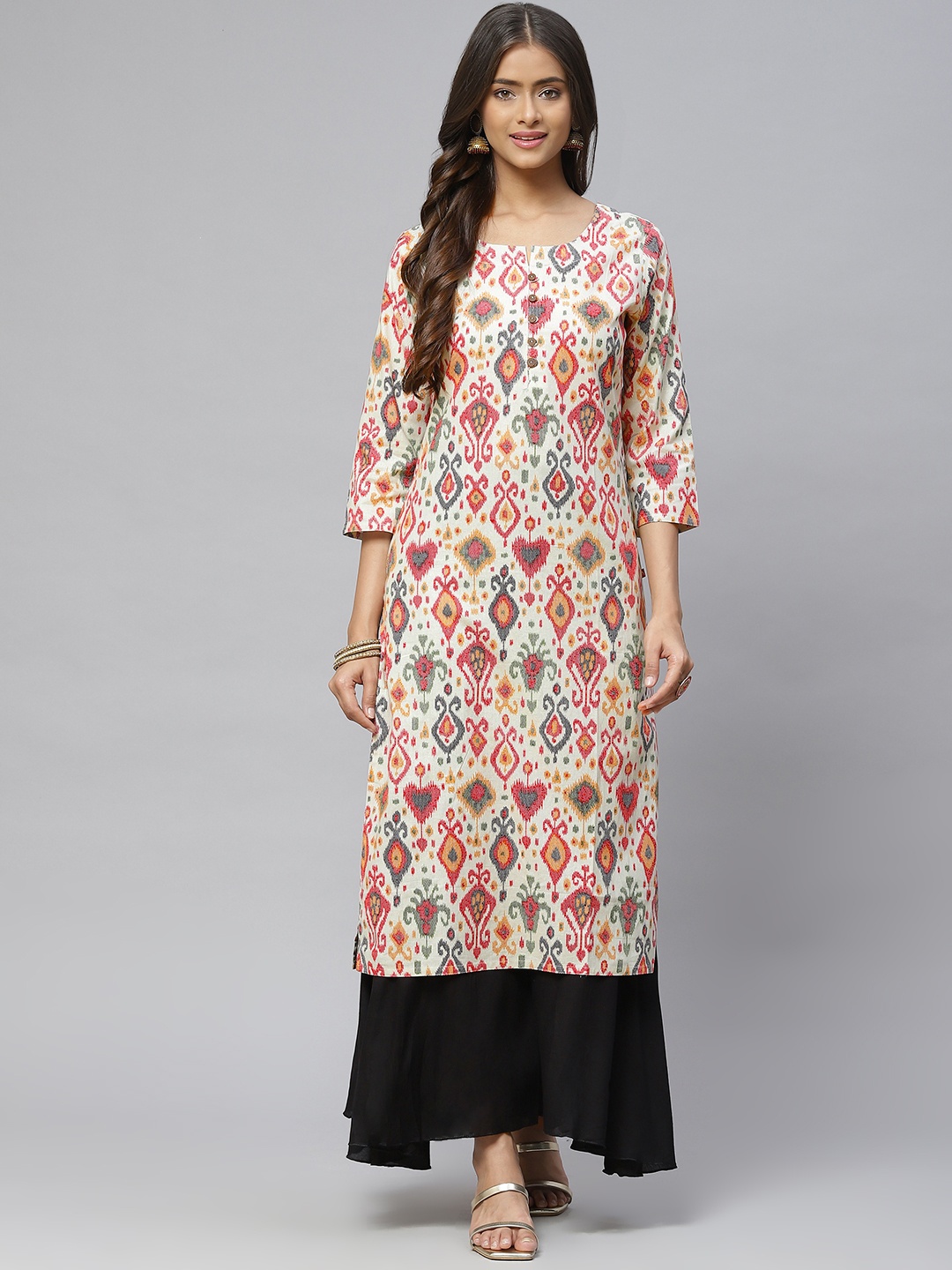 Aarika Women Cream-Coloured & Red Ethnic Motifs Pure Cotton Kurta