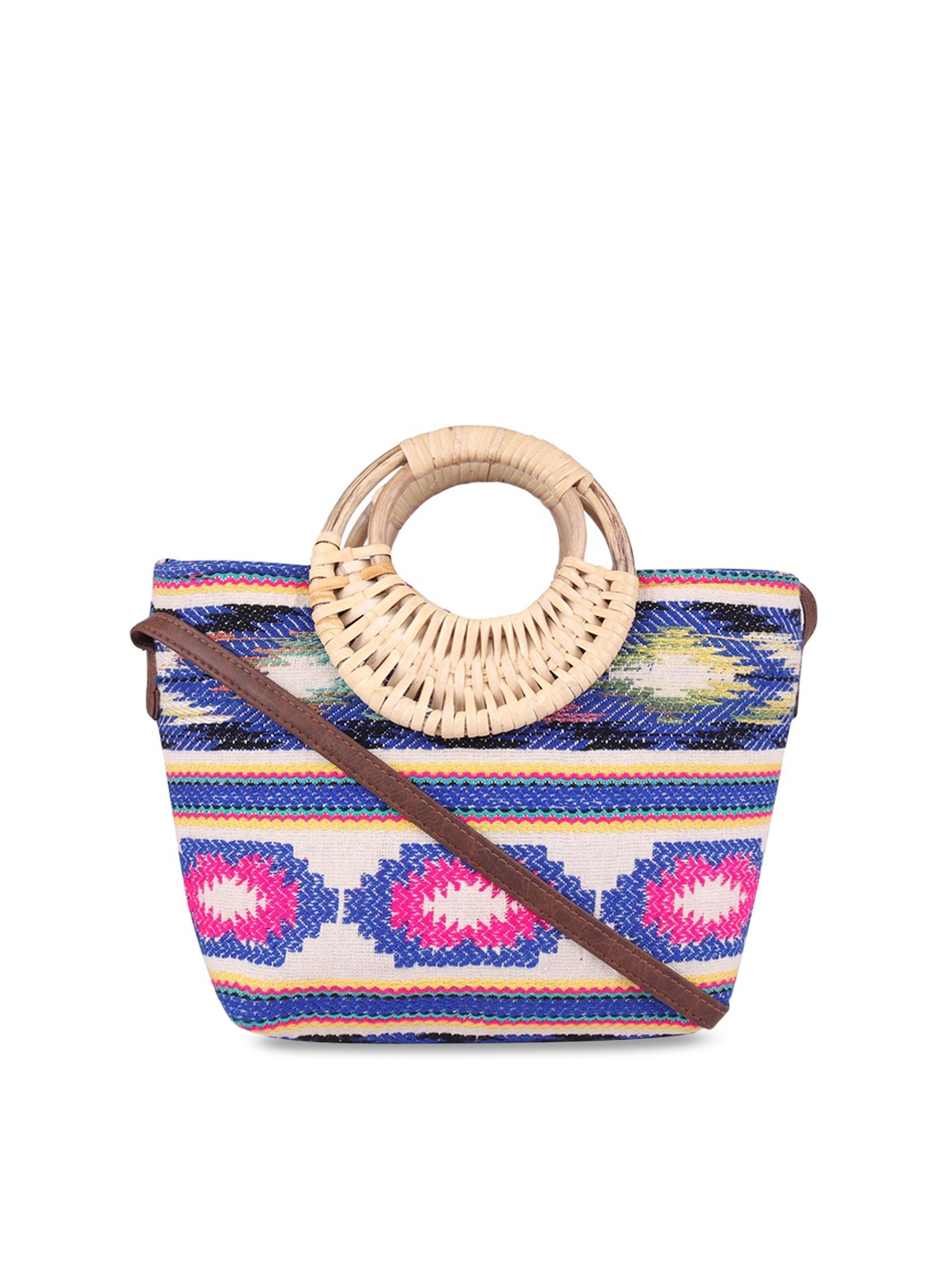 ASTRID Blue Shopper Sling Bag With Wicker Handle