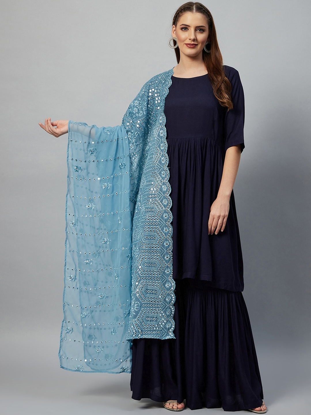 InWeave Women Navy Blue Pleated Mirror Work Kurta with Sharara & With Dupatta
InWeave Women Navy Blue Pleated Mirror Work Kurta with Sharara & With Dupatta