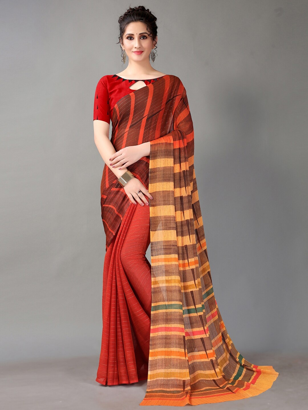 HRITIKA Red & Mustard Striped Saree