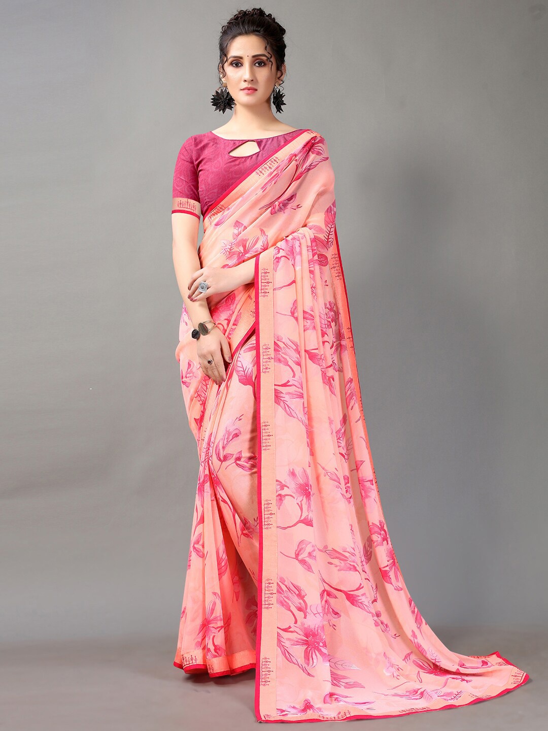 HRITIKA Pink Floral Print Saree