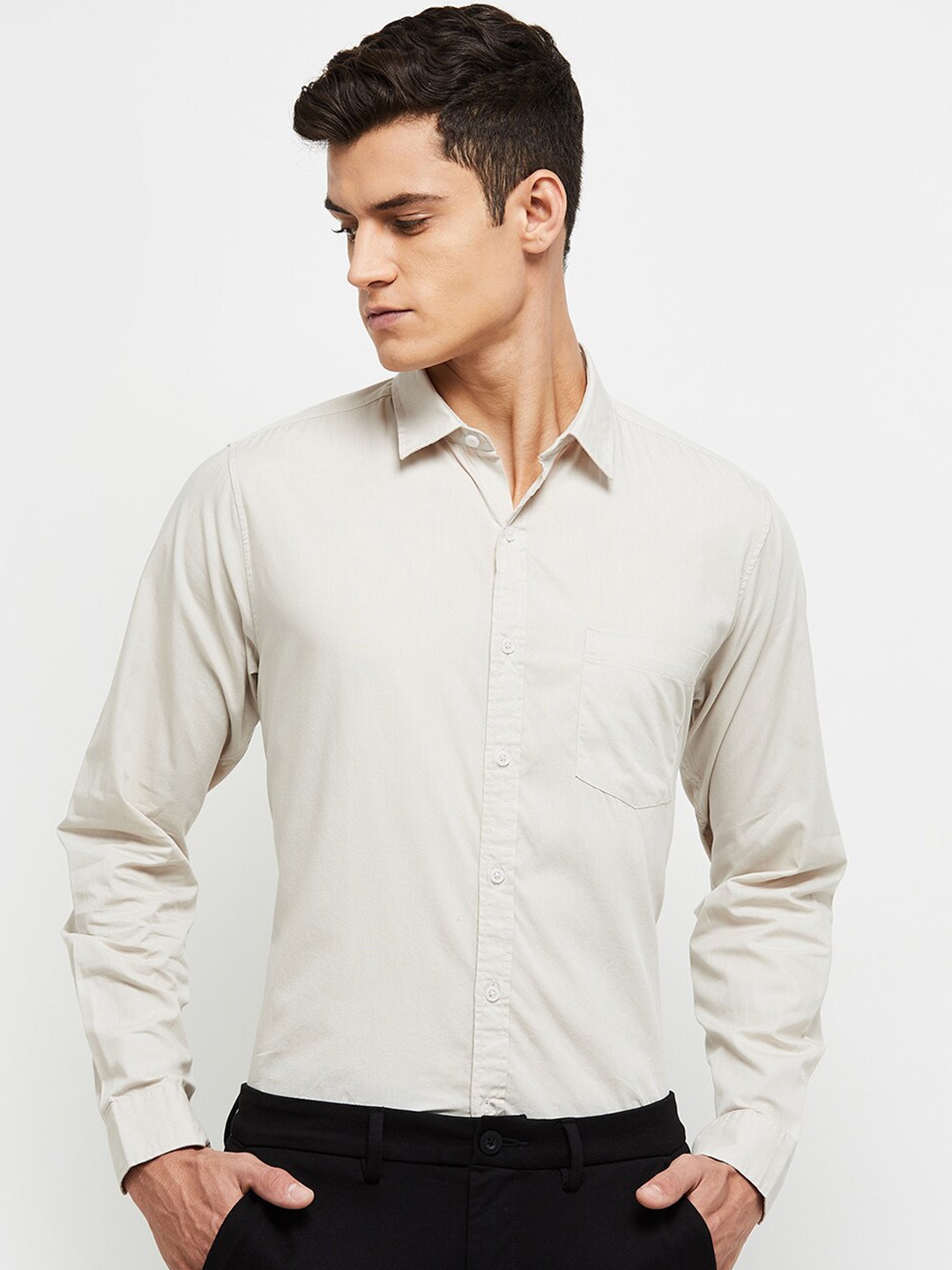 max Men Beige Pure Cotton Casual Shirt