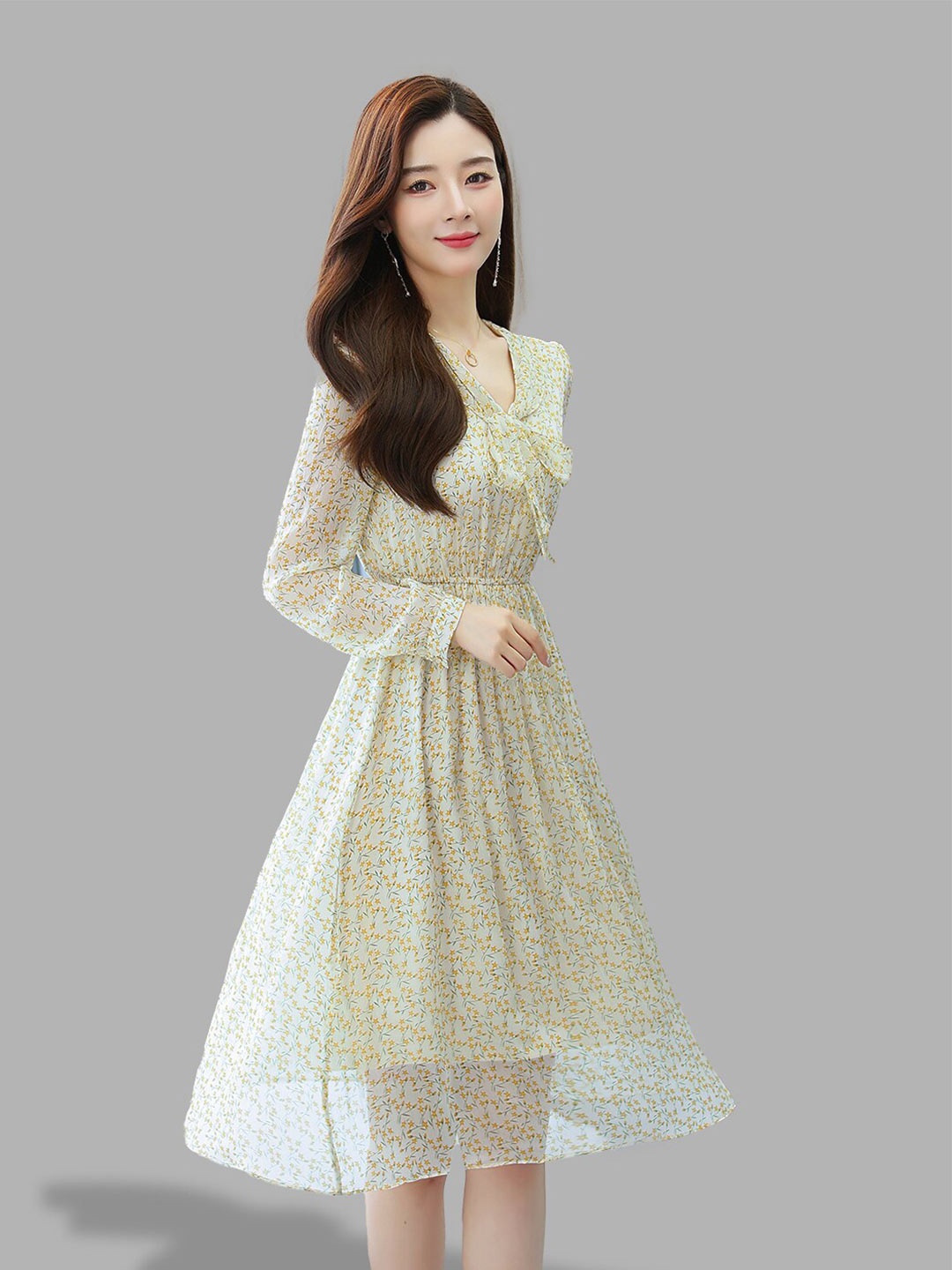 JC Collection Women Beige Floral Tie-Up Neck Dress