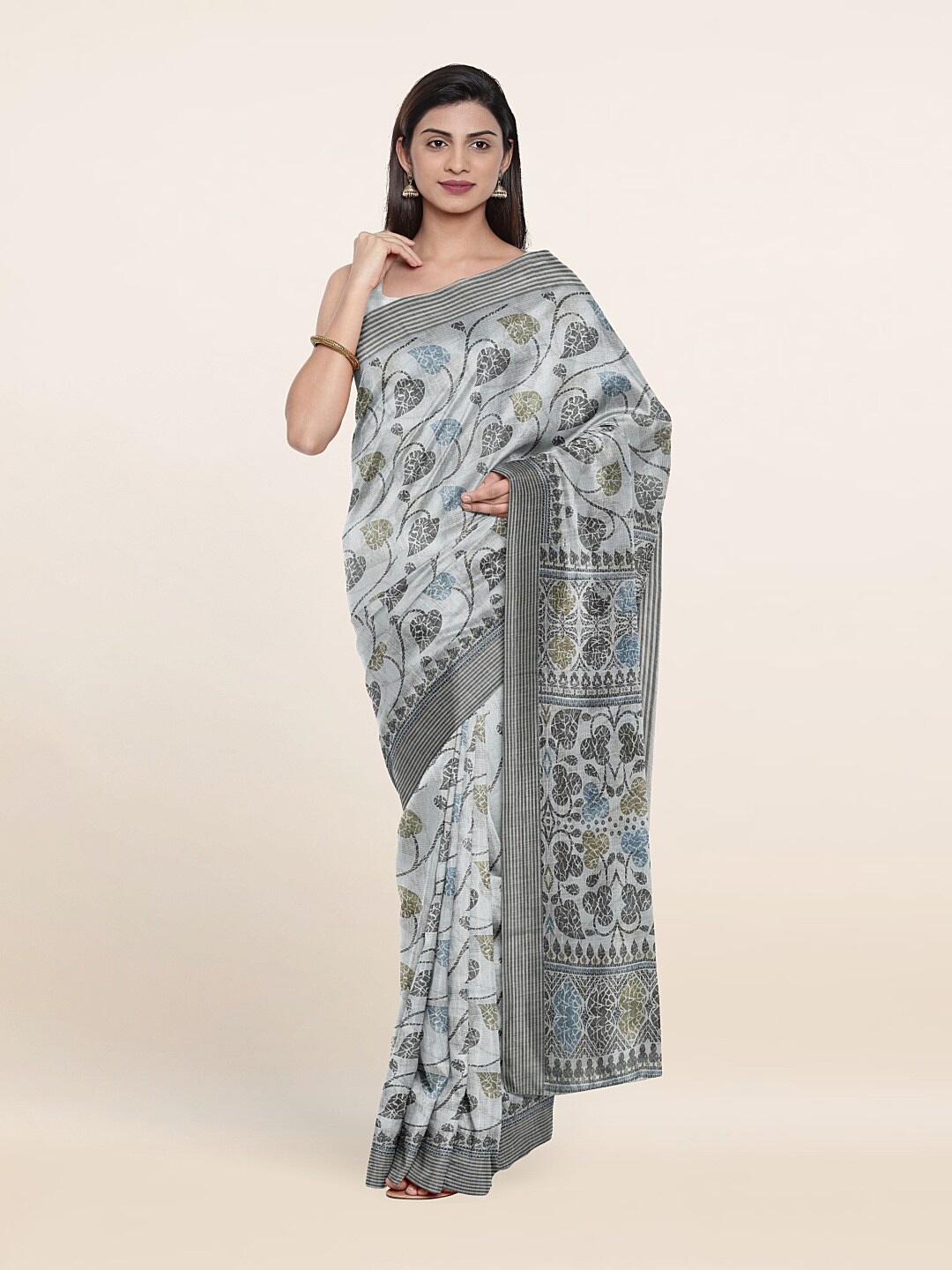 Pothys Grey & Blue Floral Printed Saree