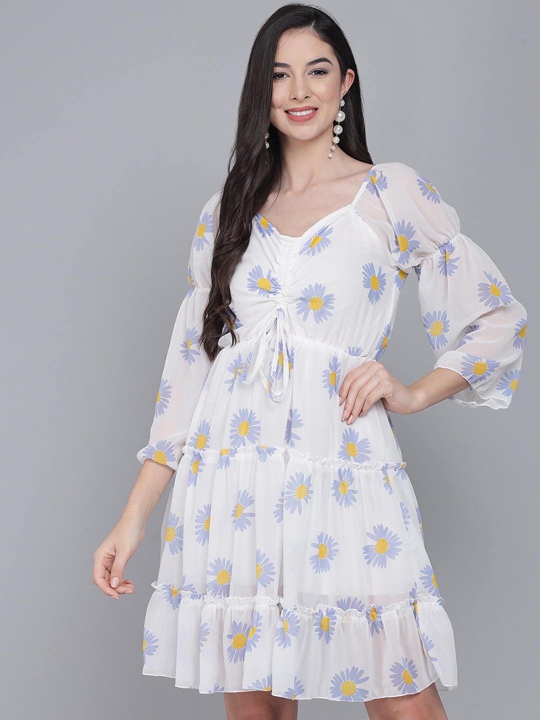 FurryFlair White Floral Georgette Dress