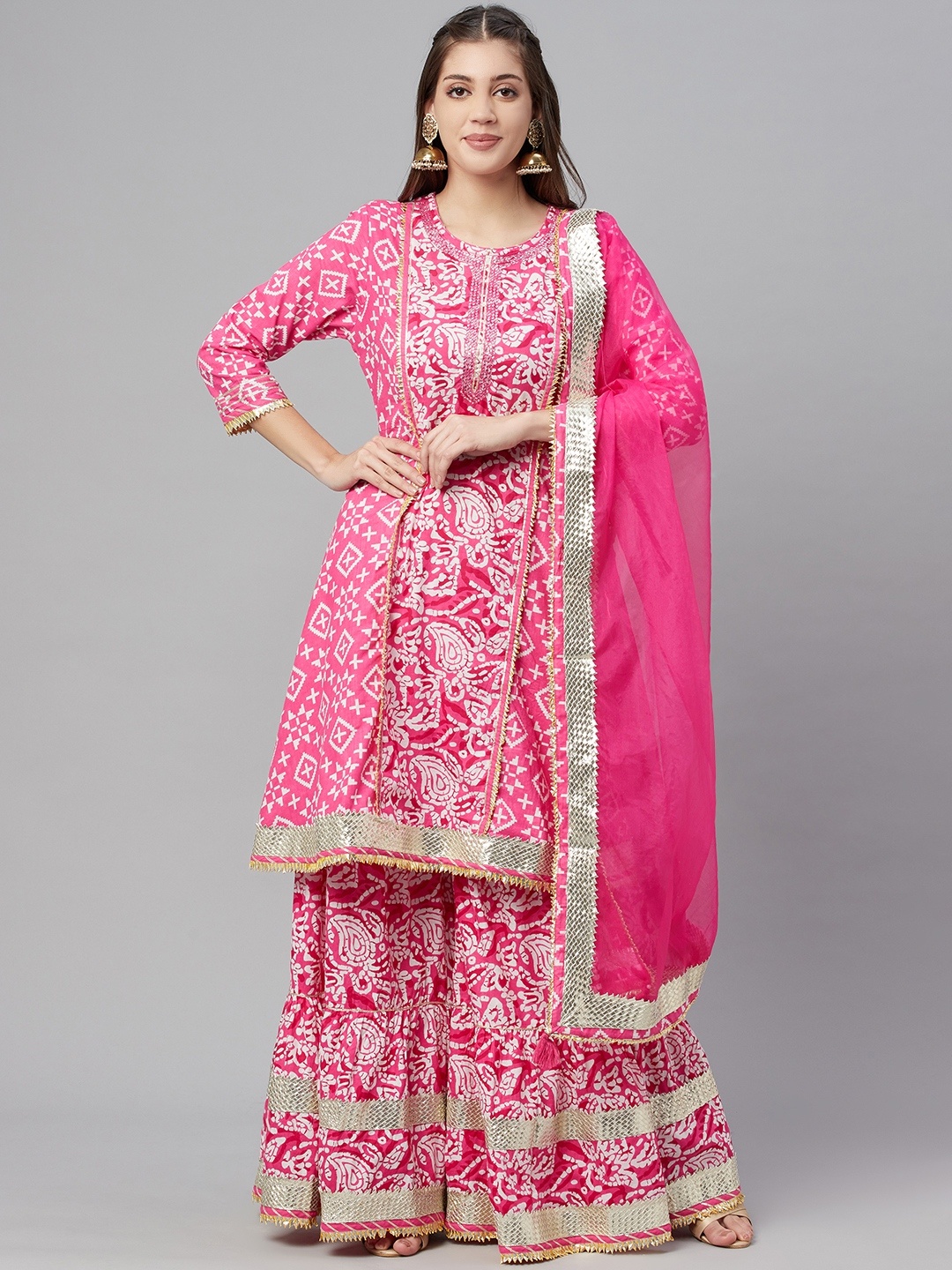Readiprint Fashions Women Pink Ethnic Printed Pure Cotton Kurta with Sharara & Dupatta
Readiprint Fashions Women Pink Ethnic Printed Pure Cotton Kurta with Sharara & Dupatta