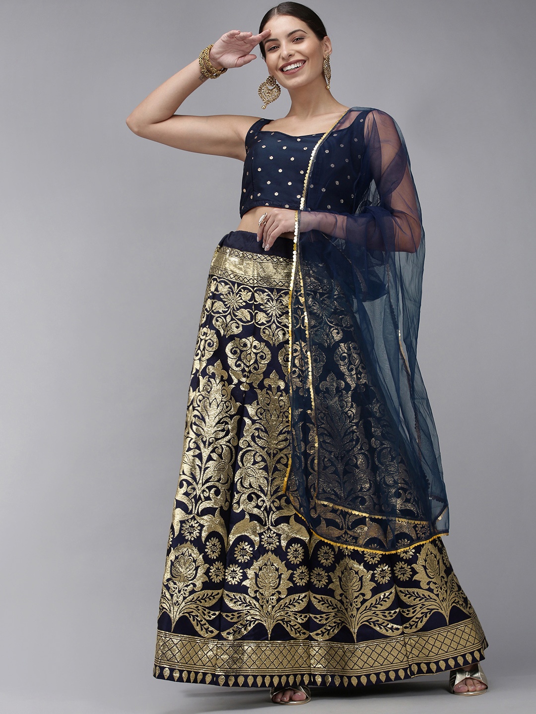 DIVASTRI Navy Blue & Gold-Toned Ready to Wear Lehenga & Unstitched Blouse With Dupatta
DIVASTRI Navy Blue & Gold-Toned Ready to Wear Lehenga & Unstitched Blouse With Dupatta