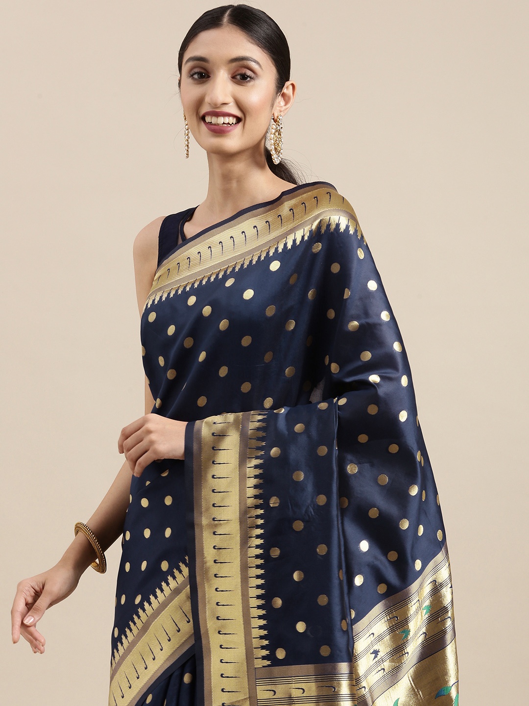 Mitera Navy Blue & Gold-Toned Zari Silk Blend Heavy Work Paithani Saree