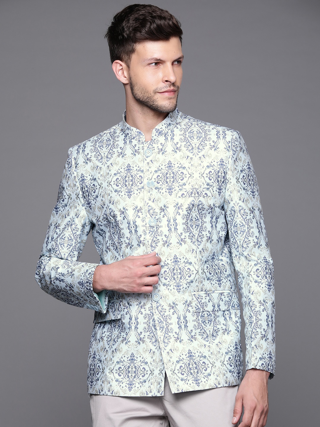 DEYANN Men Turquoise Blue & Navy Blue Printed Bandhgala Blazer