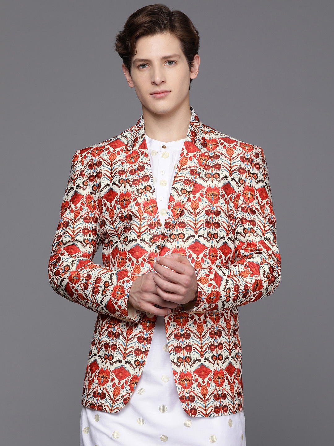 DEYANN Men Red & Off White Printed Blazer