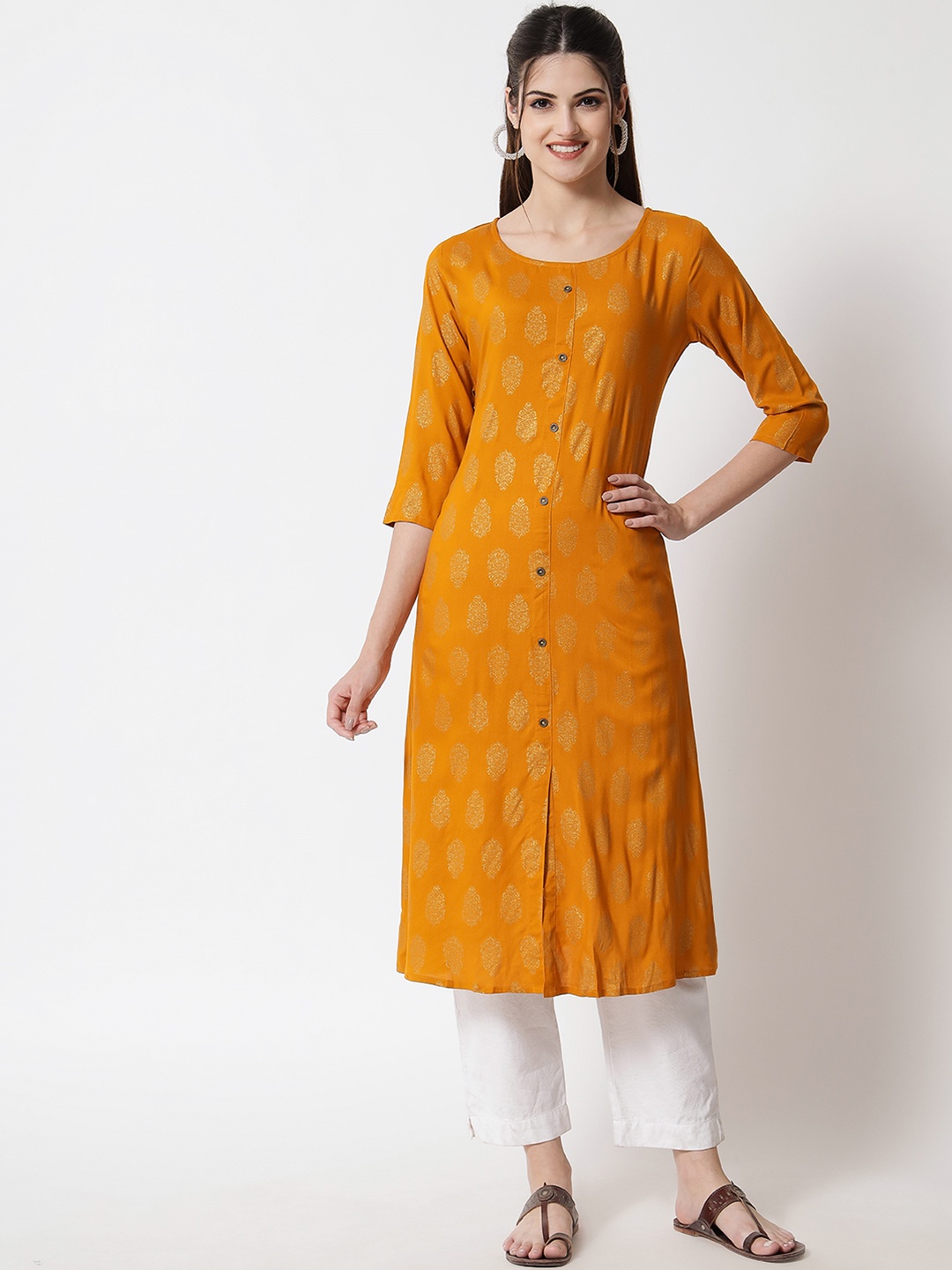 Shopping Queen Women Mustard Yellow & Golden Ethnic Motifs Printed Kurta